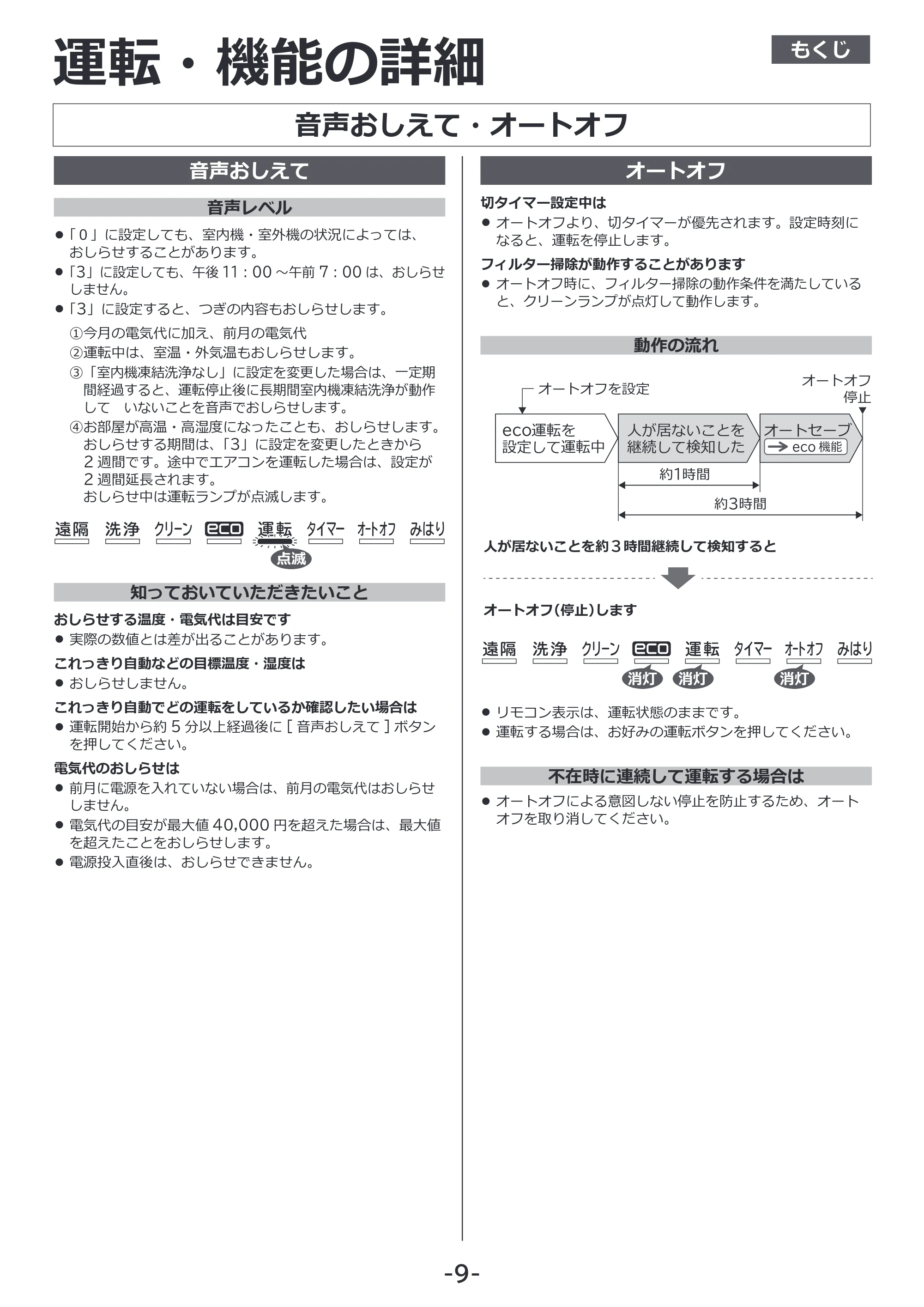 日立 RAS-XK2527S / RAS-XK2827D / RAS-XK4027D 補足説明書(Web掲載のみ) — 音声おしえて・オートオフ — 原本ページ — 9ページ