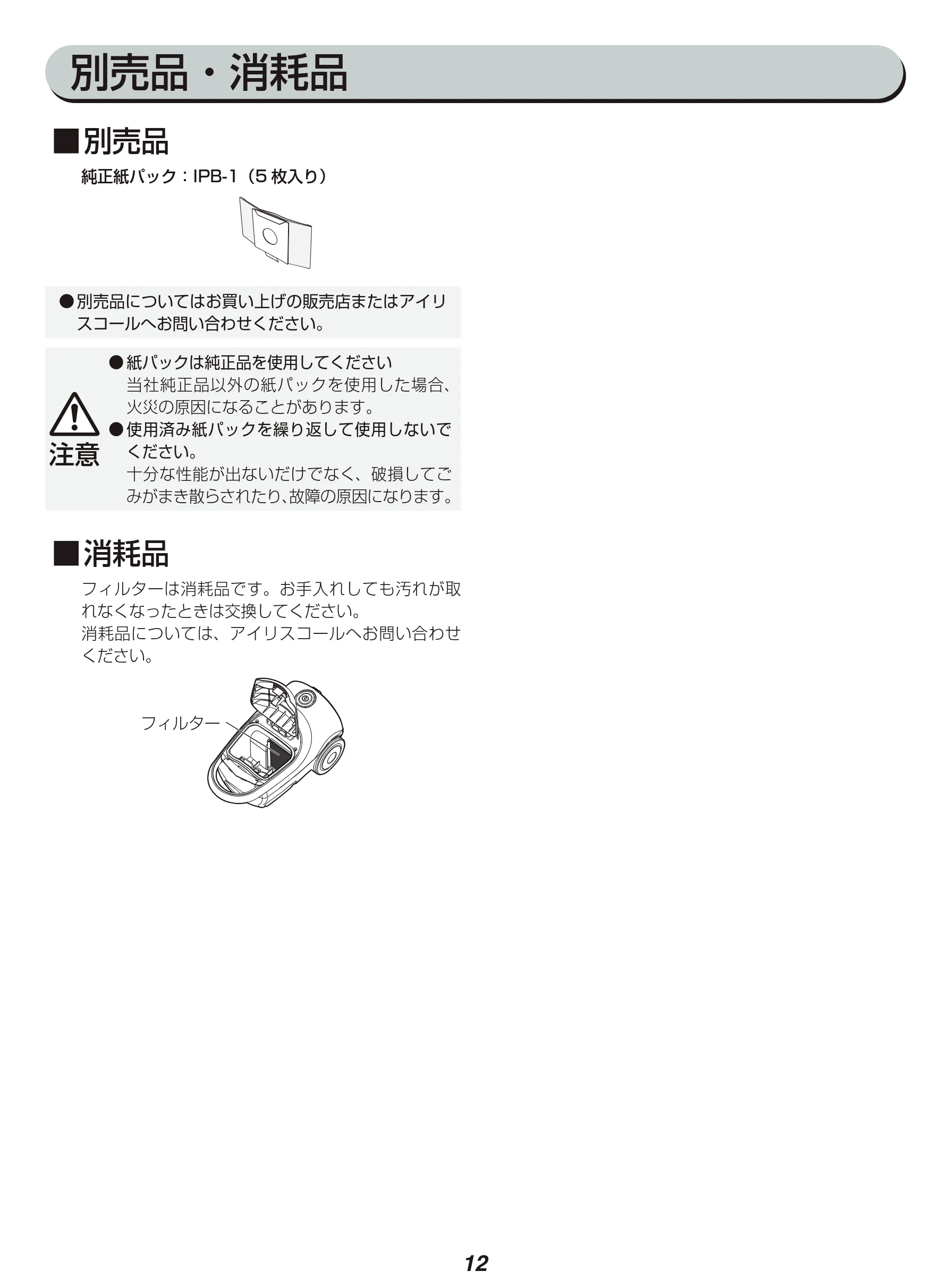 アイリスオーヤマ IC-BTA4-WPG 取扱説明書 — 別売品・消耗品 — 図版 12-1 — 12ページ
