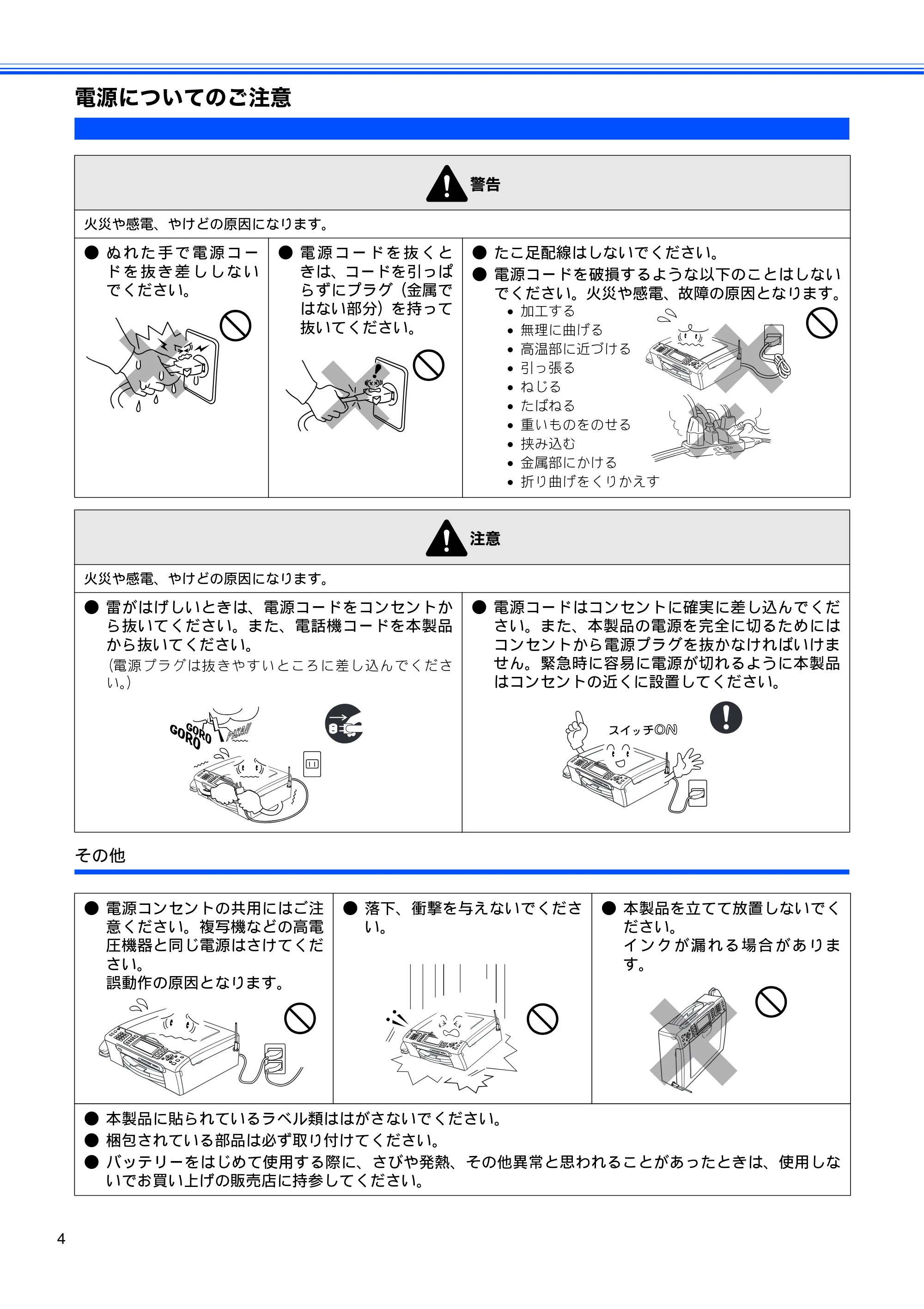 ブラザー MFC-850CDN / MFC-850CDWN / MFC-860CDN かんたん設置ガイド — 電源についてのご注意 — 原本ページ — 6ページ