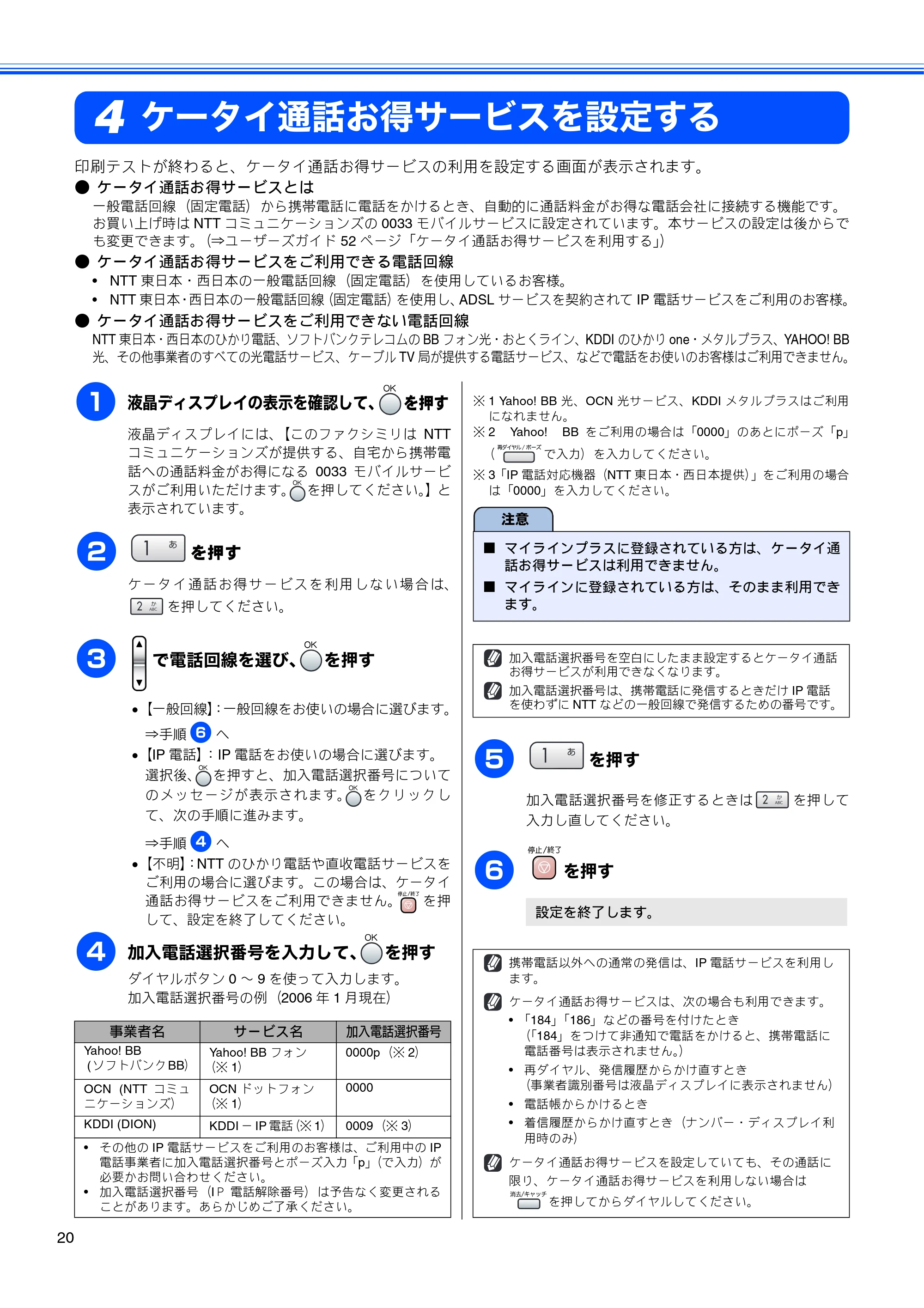 ブラザー MFC-850CDN / MFC-850CDWN / MFC-860CDN かんたん設置ガイド — ケータイ通話お得サービスを設定する — 原本ページ — 22ページ