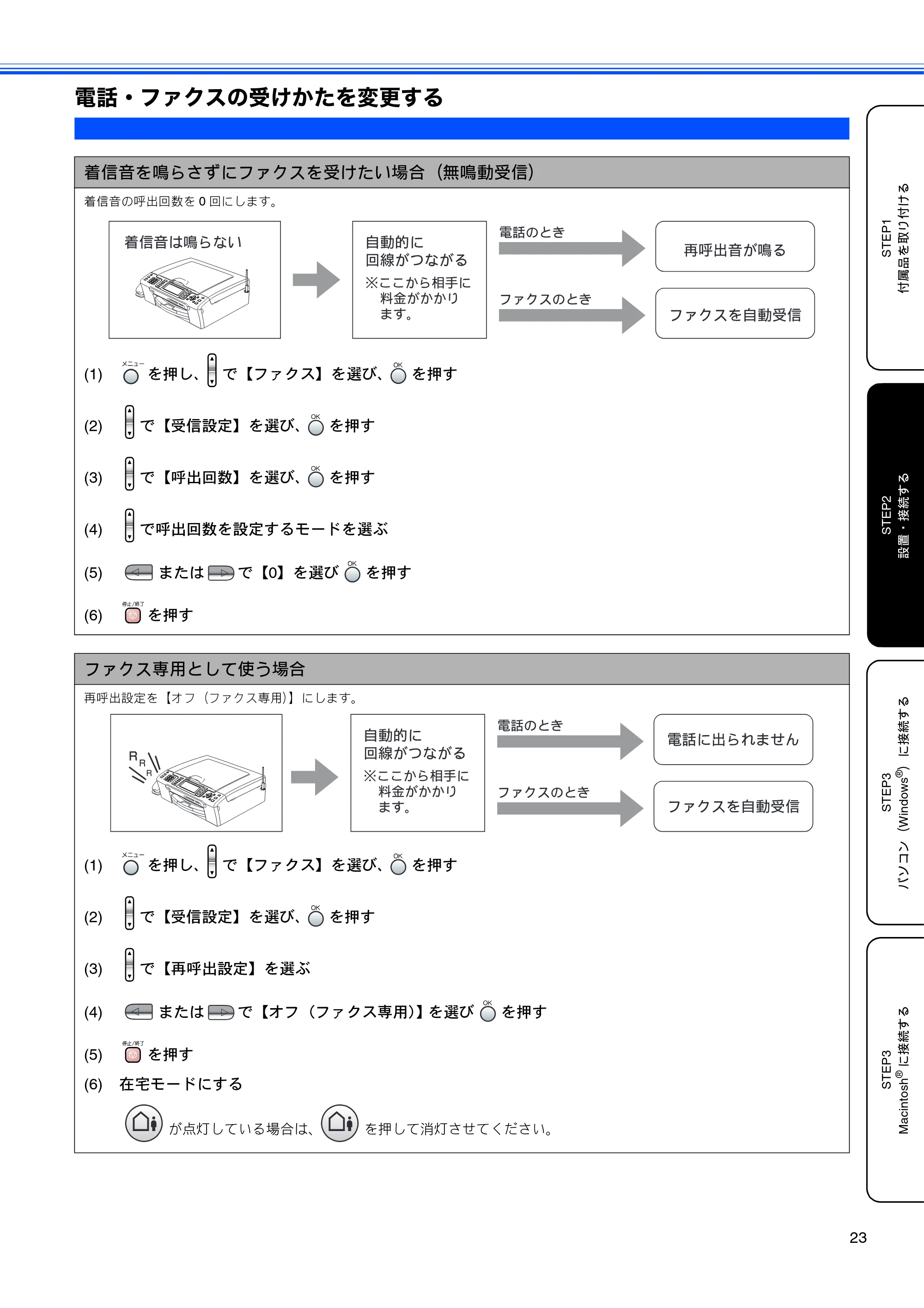 ブラザー MFC-850CDN / MFC-850CDWN / MFC-860CDN かんたん設置ガイド — 電話・ファクスの受けかたを変更する — 原本ページ — 25ページ