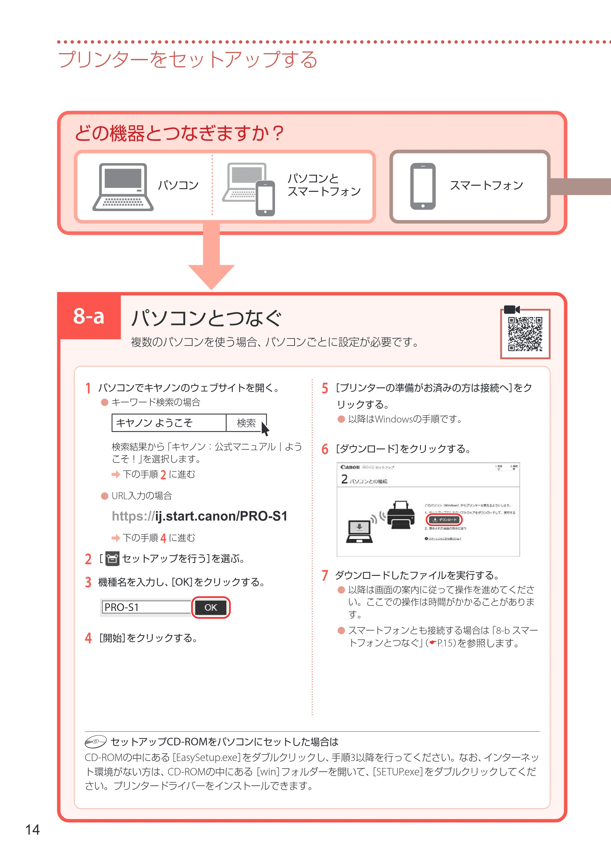 キヤノン PIXUS PRO-S1 PRO-S1 設置・基本操作マニュアル 2026年4月30日掲載（PDF：5.8MB） — 8-a パソコンとつなぐ — 原本ページ — 16ページ