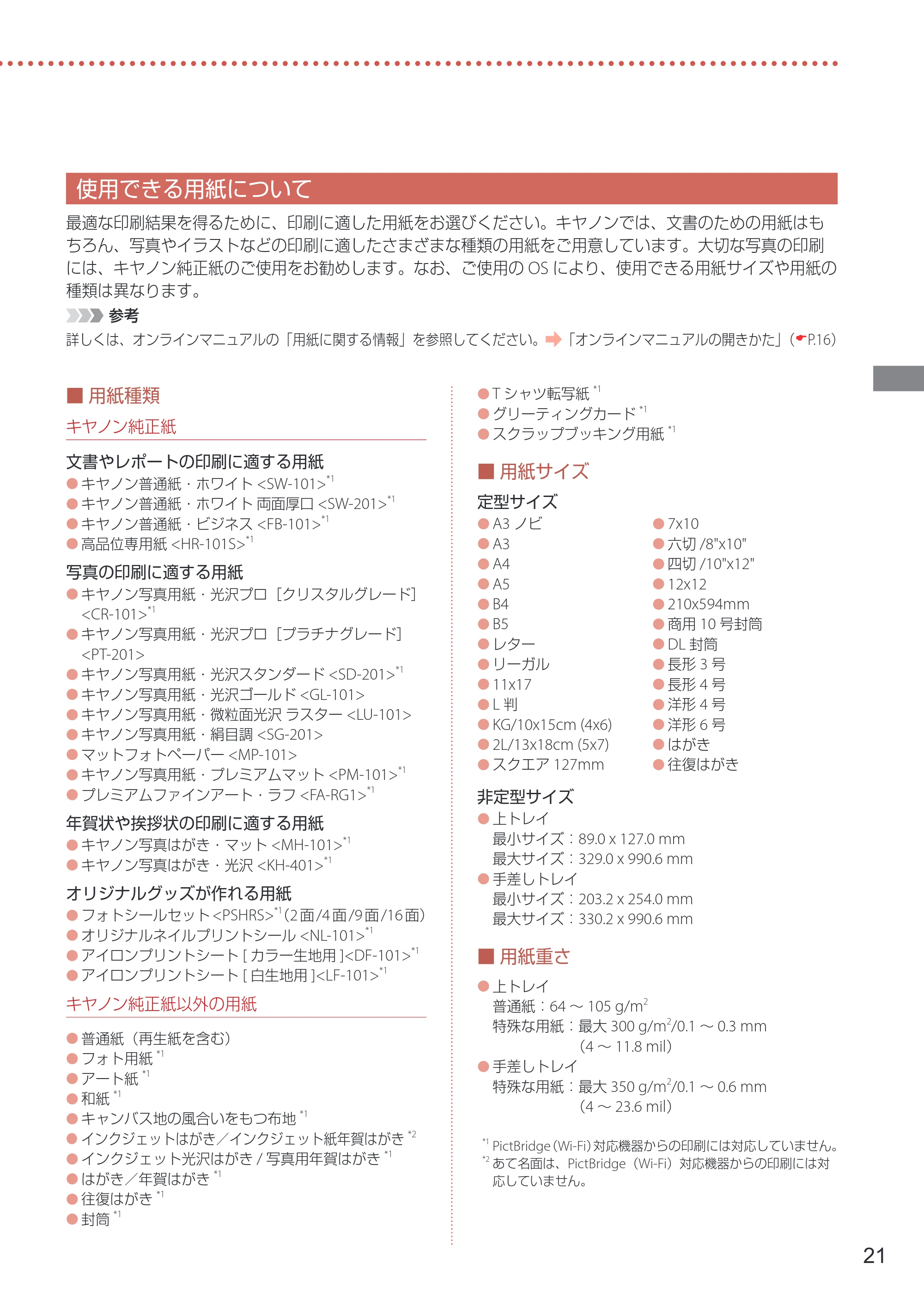 キヤノン PIXUS PRO-S1 PRO-S1 設置・基本操作マニュアル 2026年4月30日掲載（PDF：5.8MB） — 使用できる用紙について — 原本ページ — 23ページ