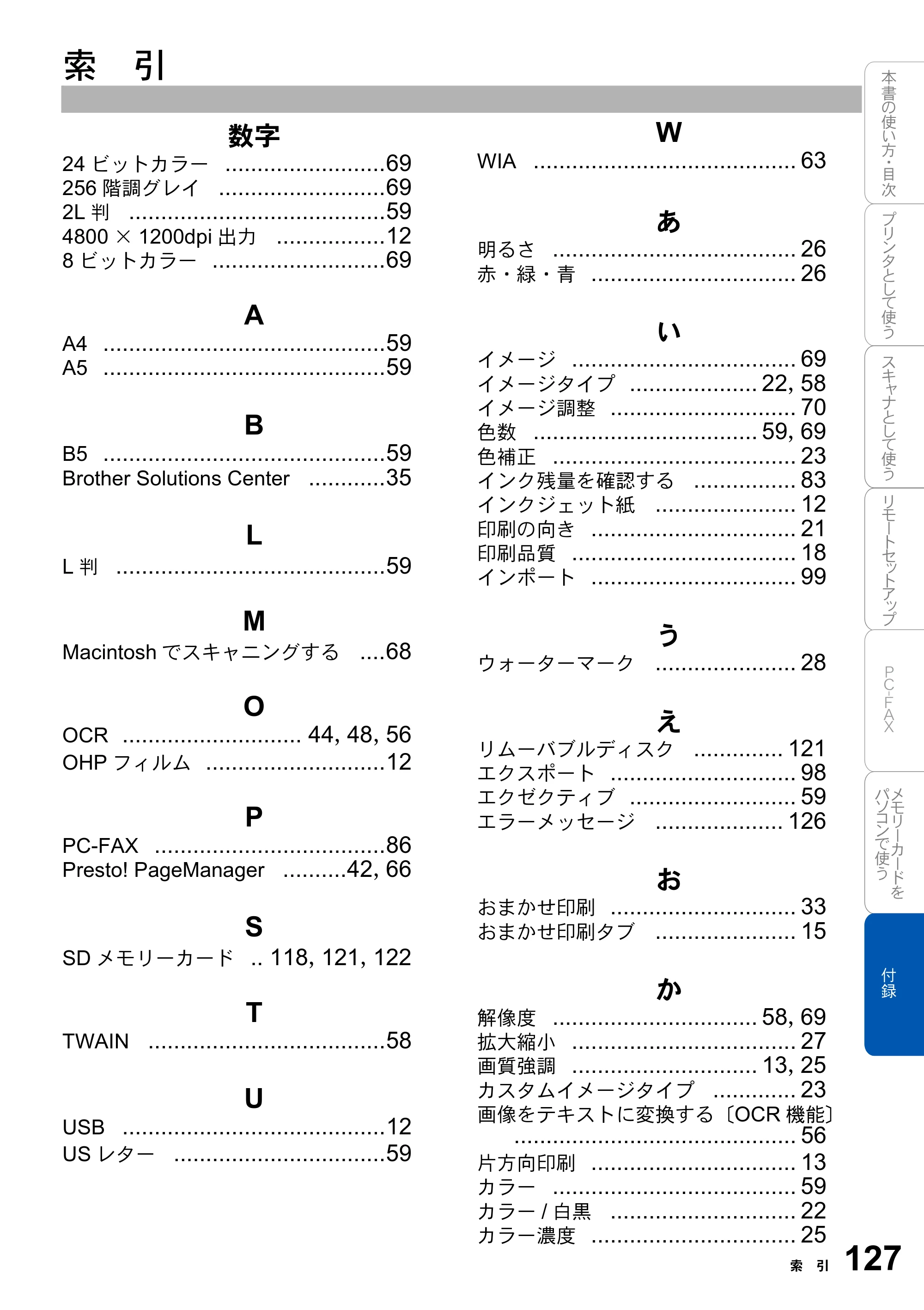 ブラザー MFC-3420J / MFC-3820JN ユーザーズガイド ～パソコン活用編～ — 索 引 — 原本ページ — 127ページ