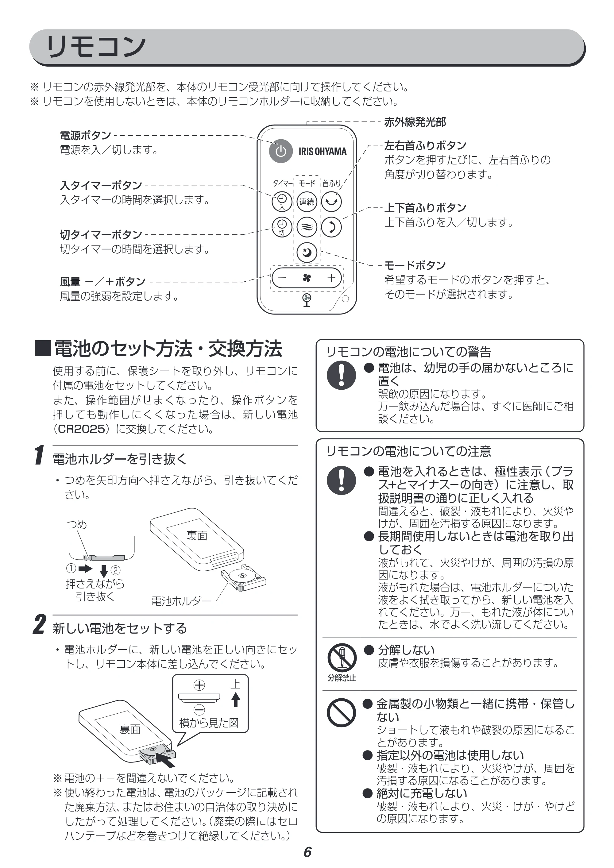 アイリスオーヤマ STF-DCC18T 取扱説明書 — リモコン — 原本ページ — 6ページ