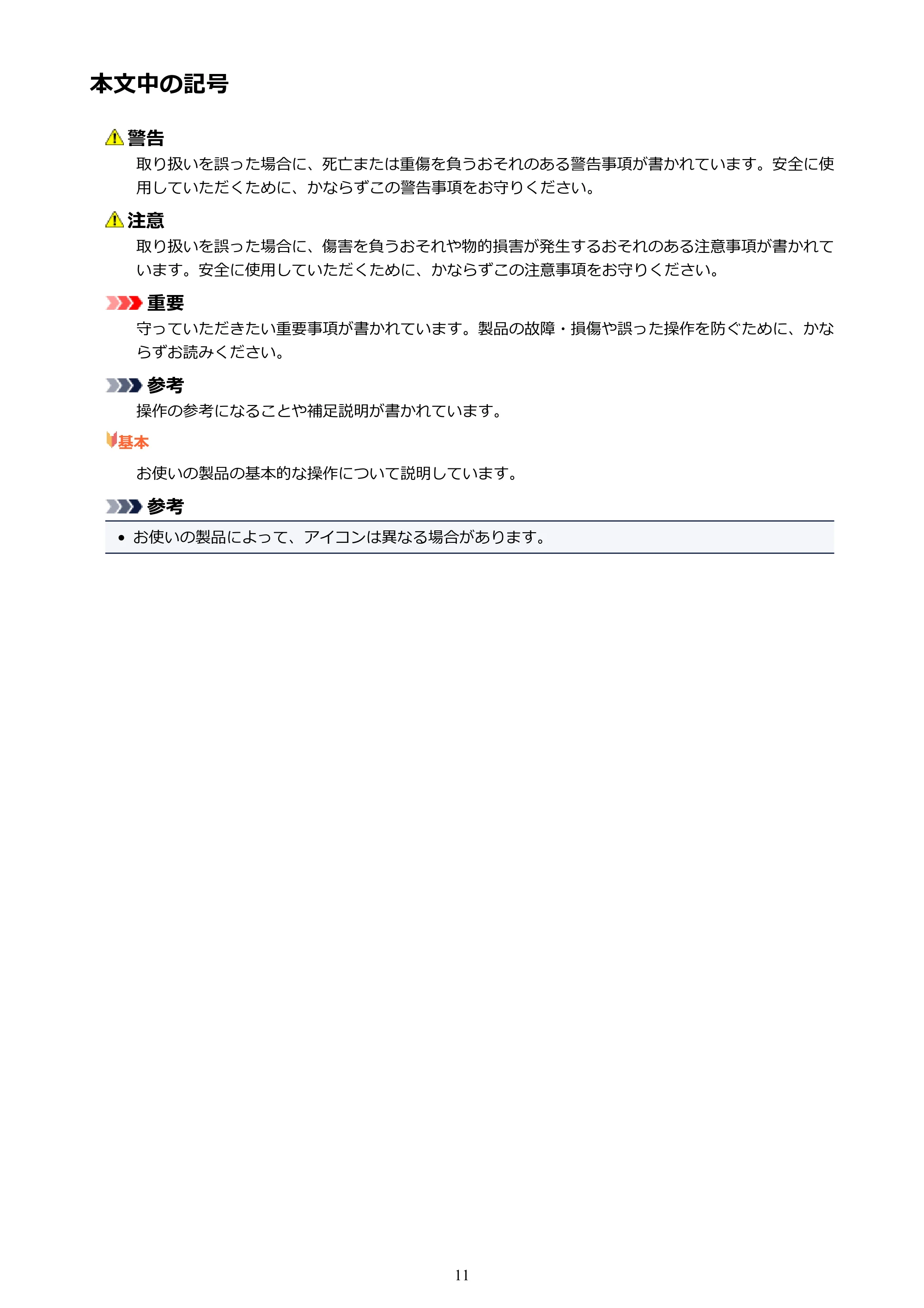 キヤノン PIXUS iX6830 iX6830 （PDF） オンラインマニュアル - 取扱説明書 - （Mac） 2026年5月21日更新（PDF：4.9MB） — 本文中の記号 — 原本ページ — 11ページ