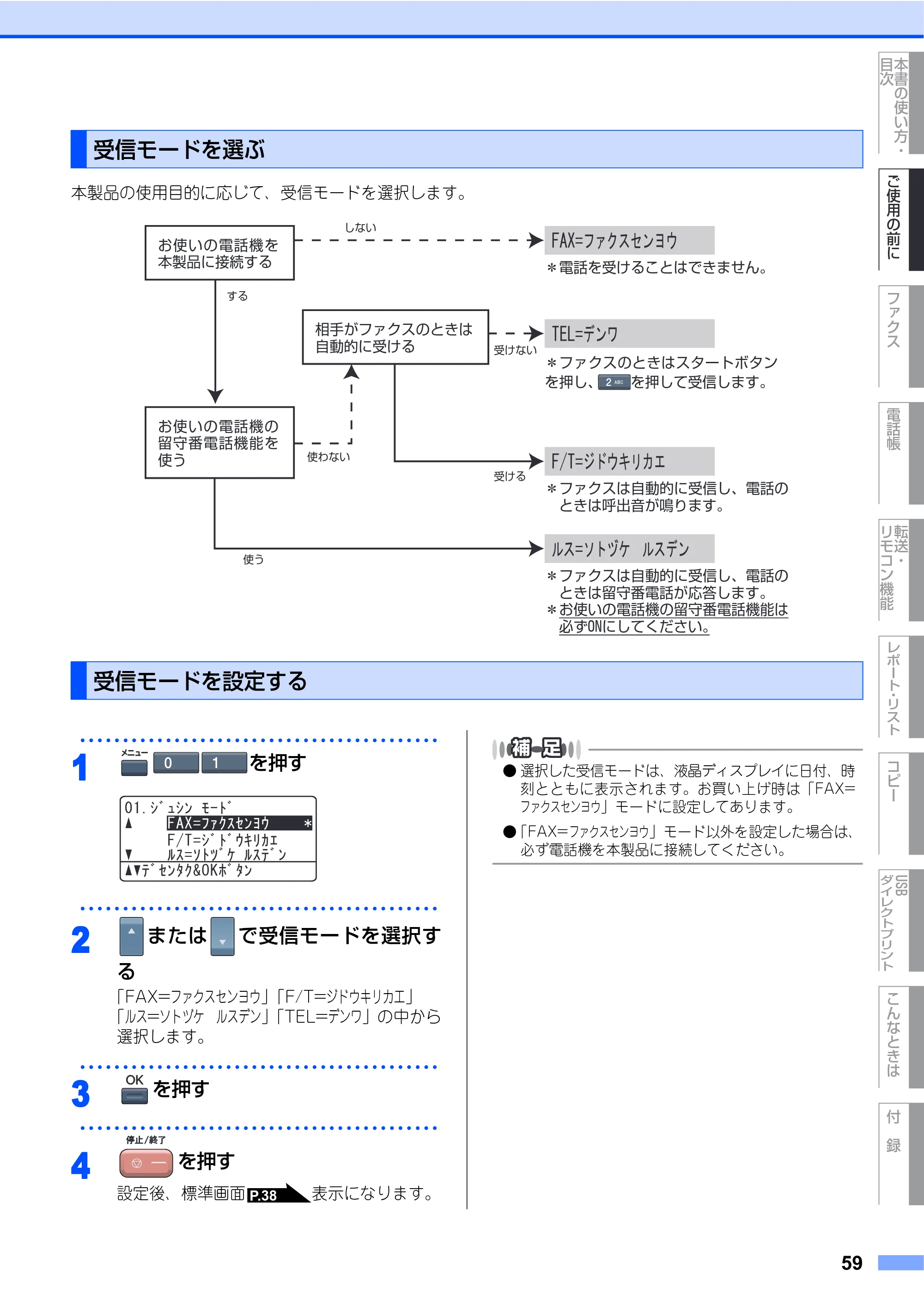 ブラザー MFC-9640CW / MFC-9840CDW 取扱説明書（本体） — 受信モードを選ぶ — 原本ページ — 59ページ