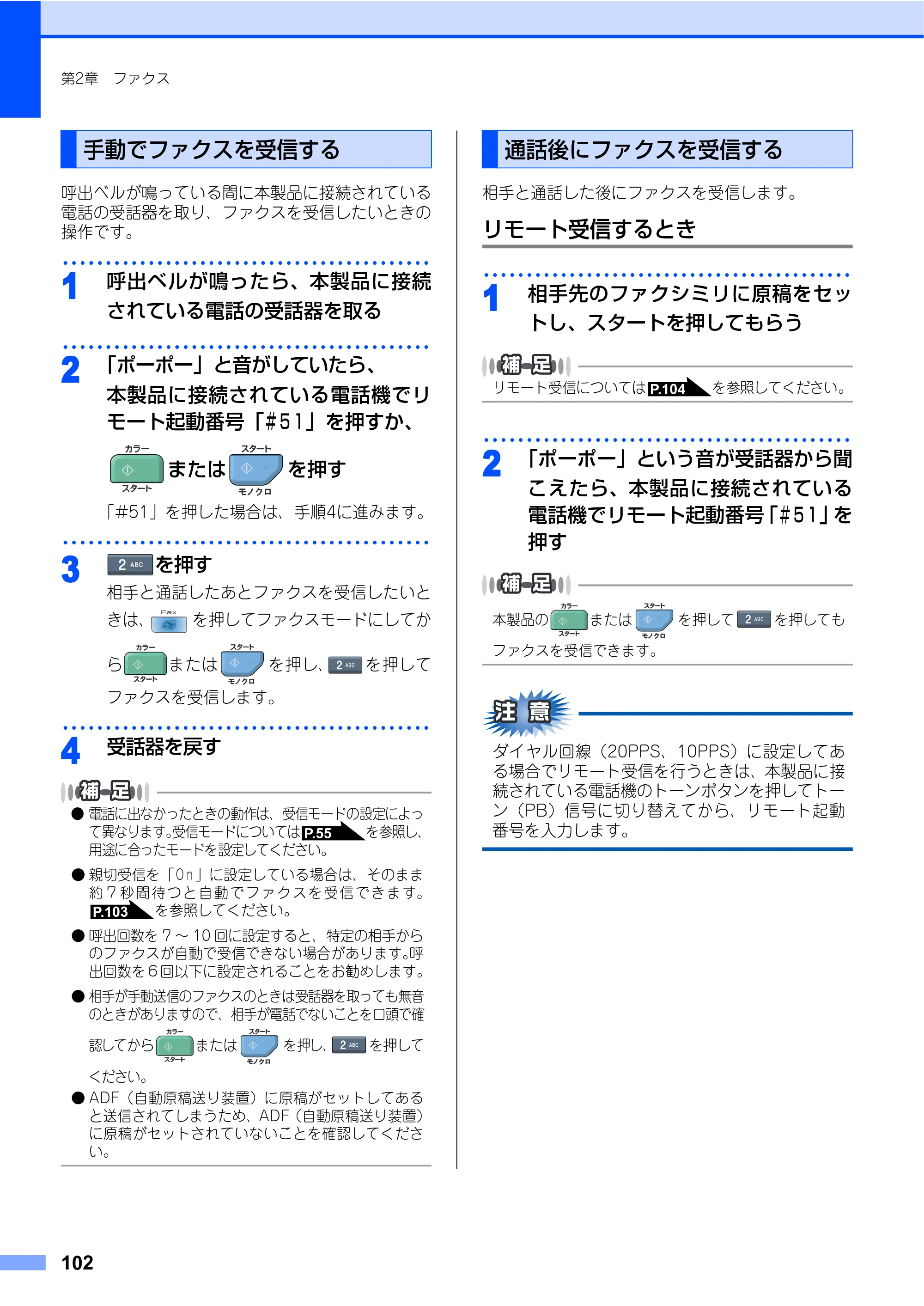 ブラザー MFC-9640CW / MFC-9840CDW 取扱説明書（本体） — 手動でファクスを受信する — 原本ページ — 102ページ