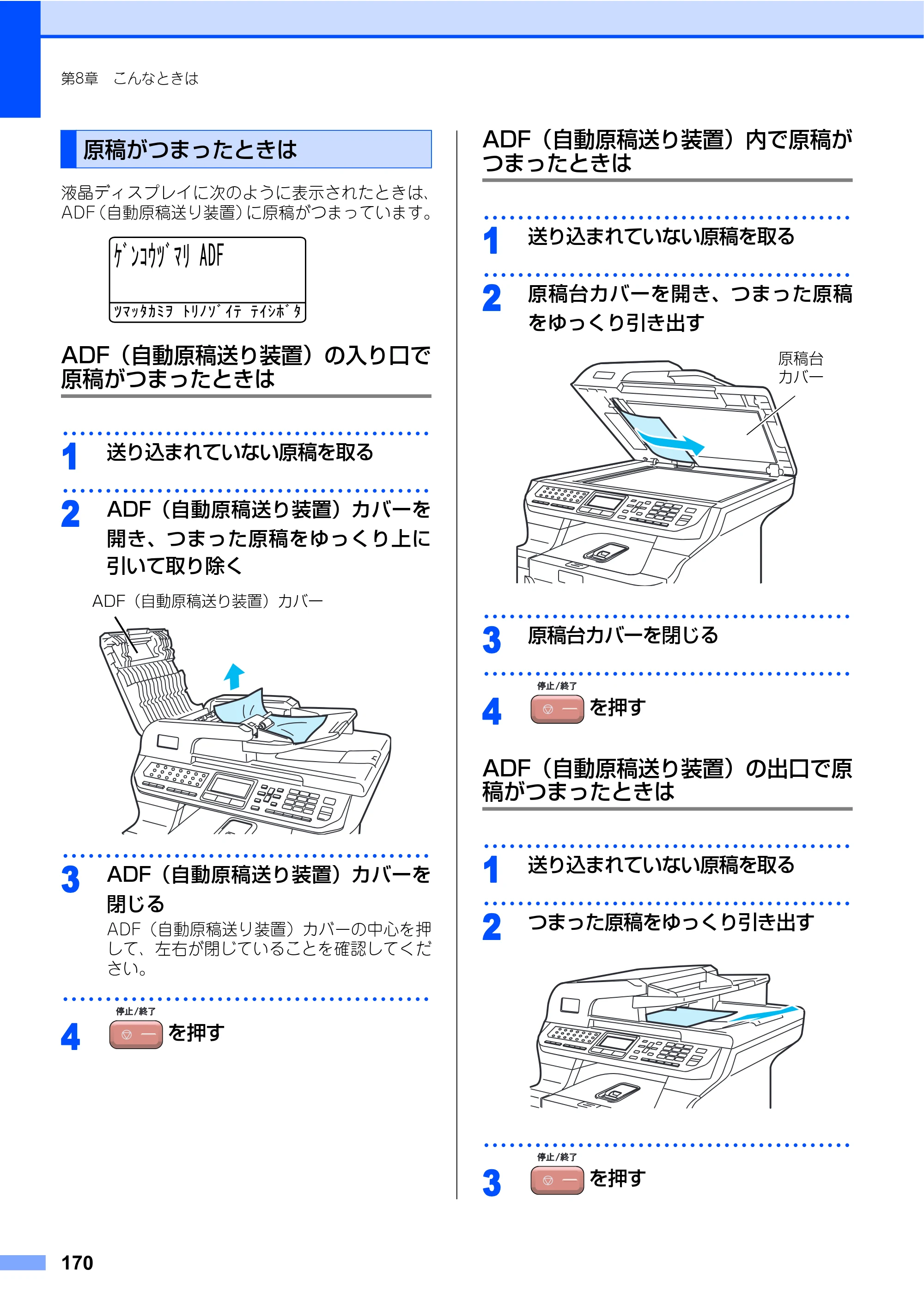 ブラザー MFC-9640CW / MFC-9840CDW 取扱説明書（本体） — 原稿がつまったときは — 原本ページ — 170ページ