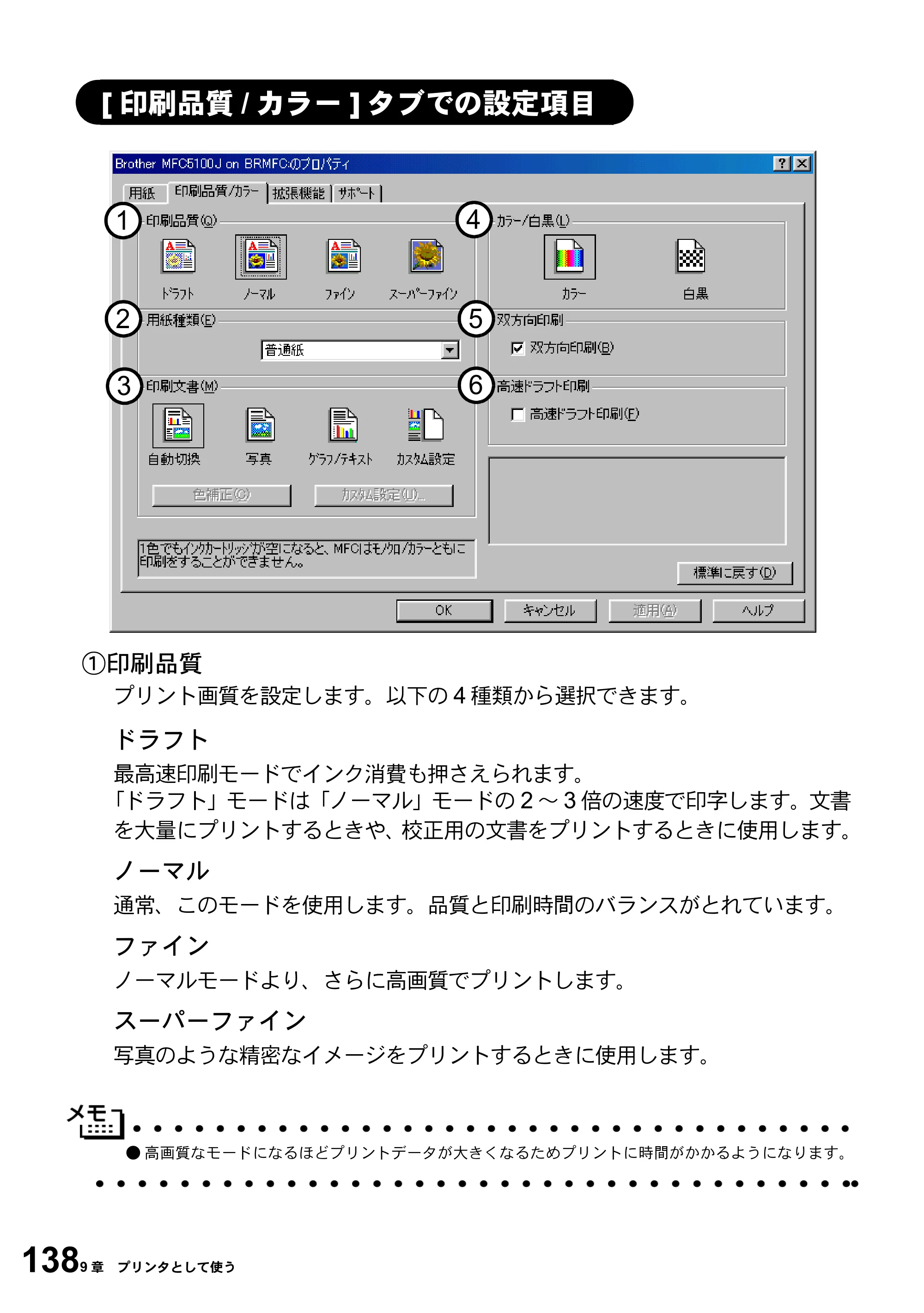 ブラザー MFC-5100J 取扱説明書（本体） — [印刷品質/カラー]タブでの設定項目 — 原本ページ — 152ページ