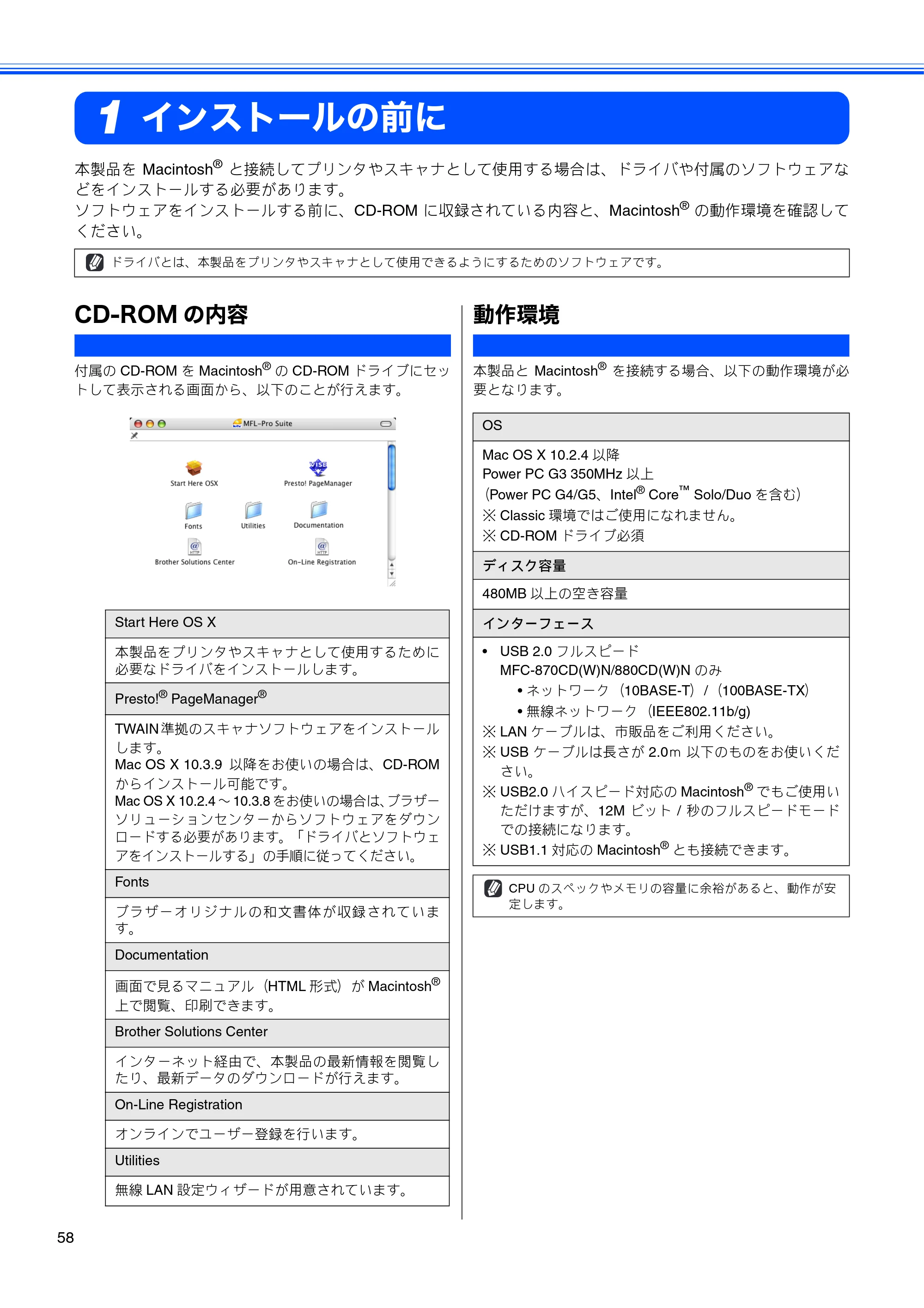 ブラザー MFC-650CD / MFC-650CDW / MFC-870CDN / MFC-870CDWN / MFC-880CDN / MFC-880CDWN かんたん設置ガイド — インストールの前に — 原本ページ — 60ページ