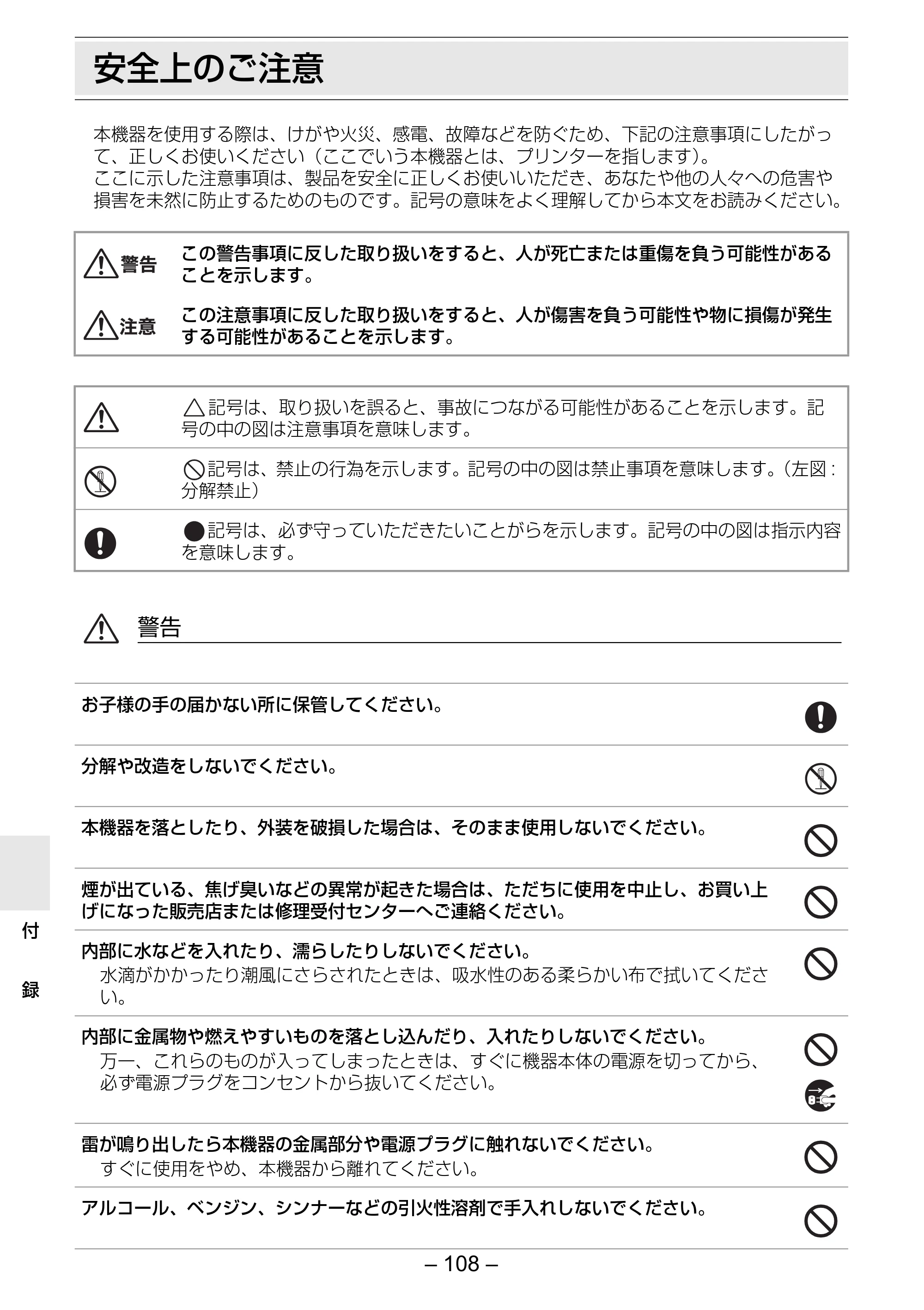 キヤノン SELPHY ES3 プリンターユーザーガイド （PDF形式／5.61Mバイト） — 安全上のご注意 — 原本ページ — 108ページ