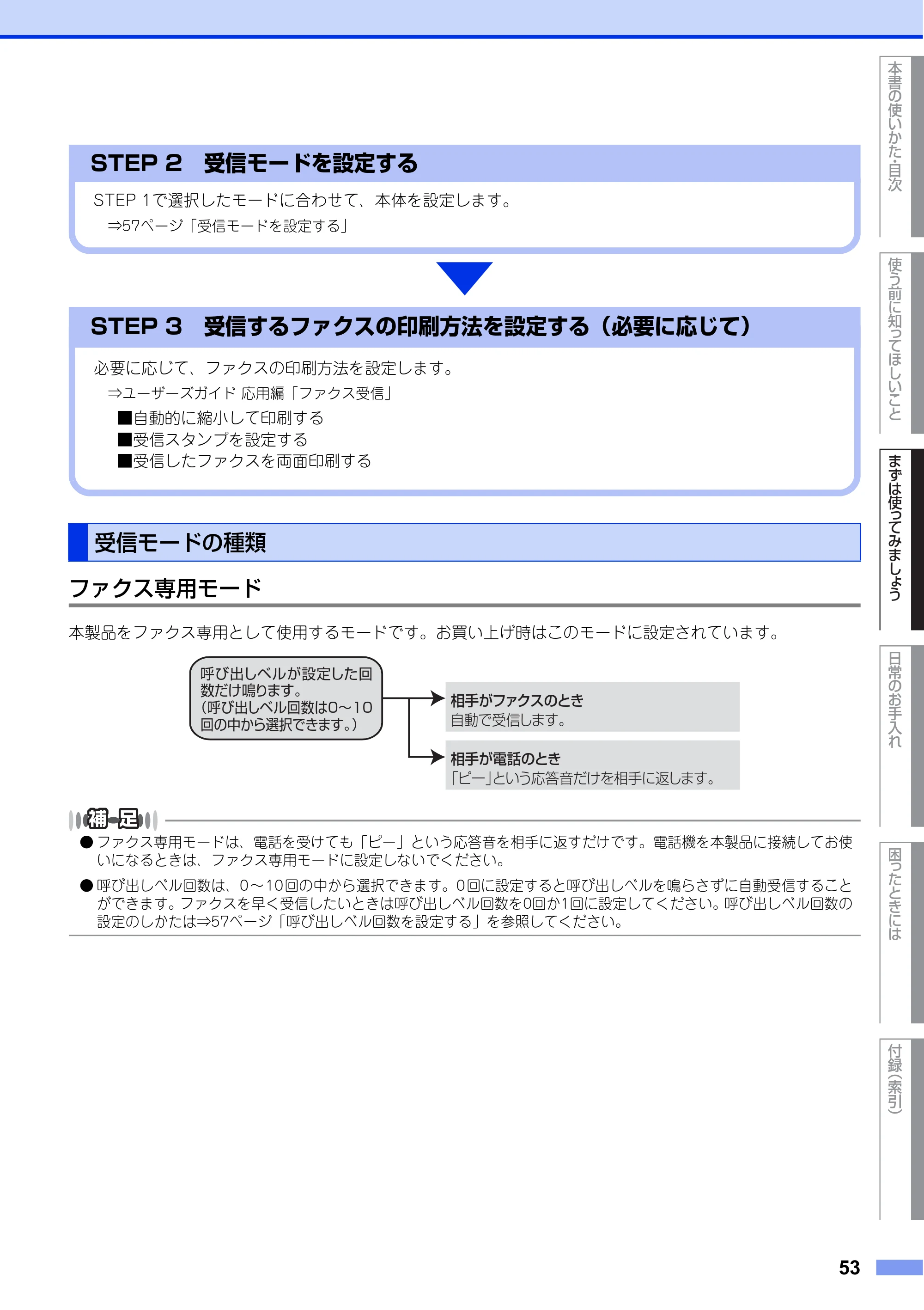 ブラザー MFC-L8650CDW / MFC-L9550CDW ユーザーズガイド ～基本編～ — 受信モードの種類 — 原本ページ — 53ページ
