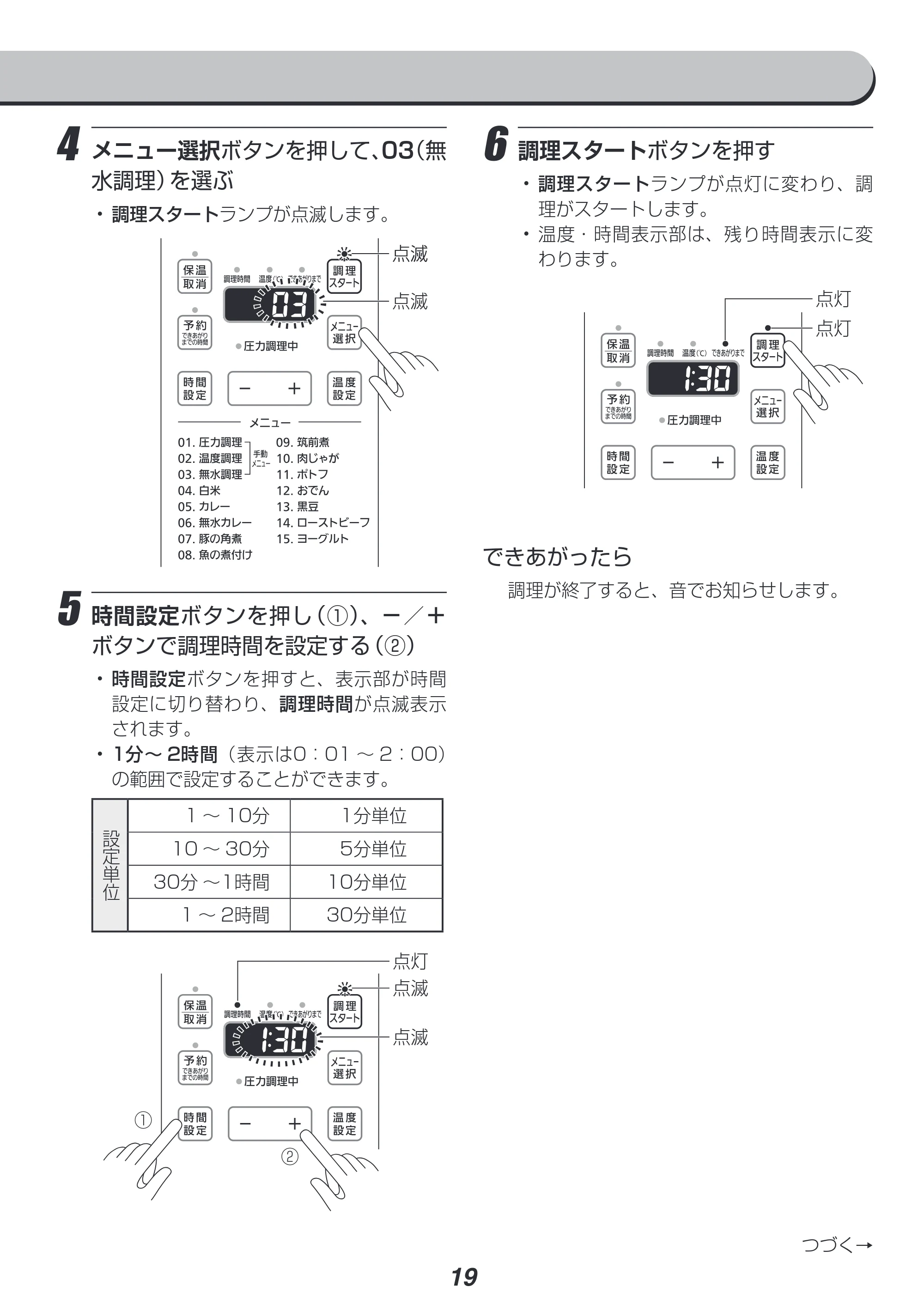 アイリスオーヤマ PC-EMA6 取扱説明書 — 6 調理スタートボタンを押す — 原本ページ — 19ページ