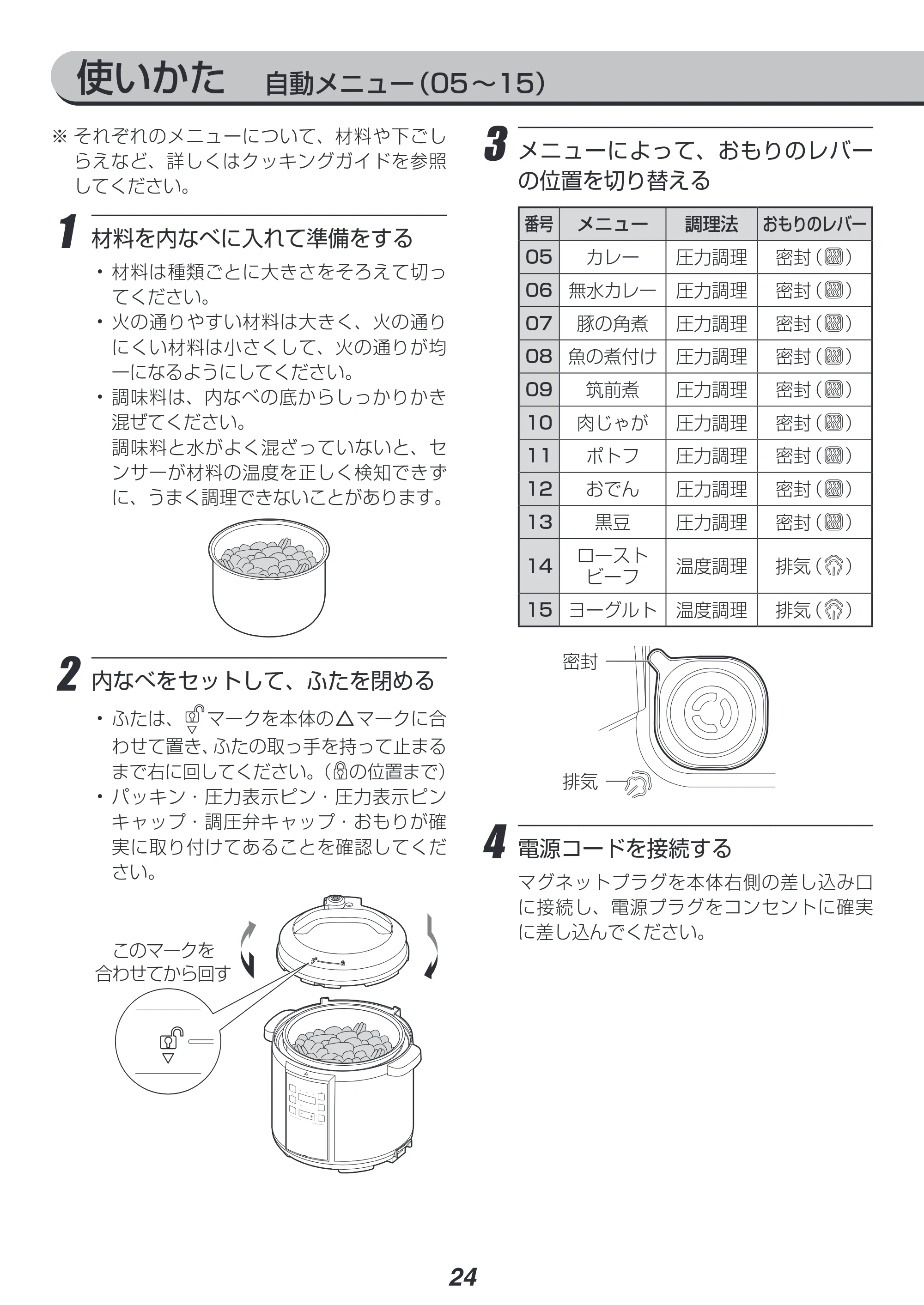アイリスオーヤマ PC-EMA6 取扱説明書 — 使いかた 自動メニュー(05~15) — 原本ページ — 24ページ