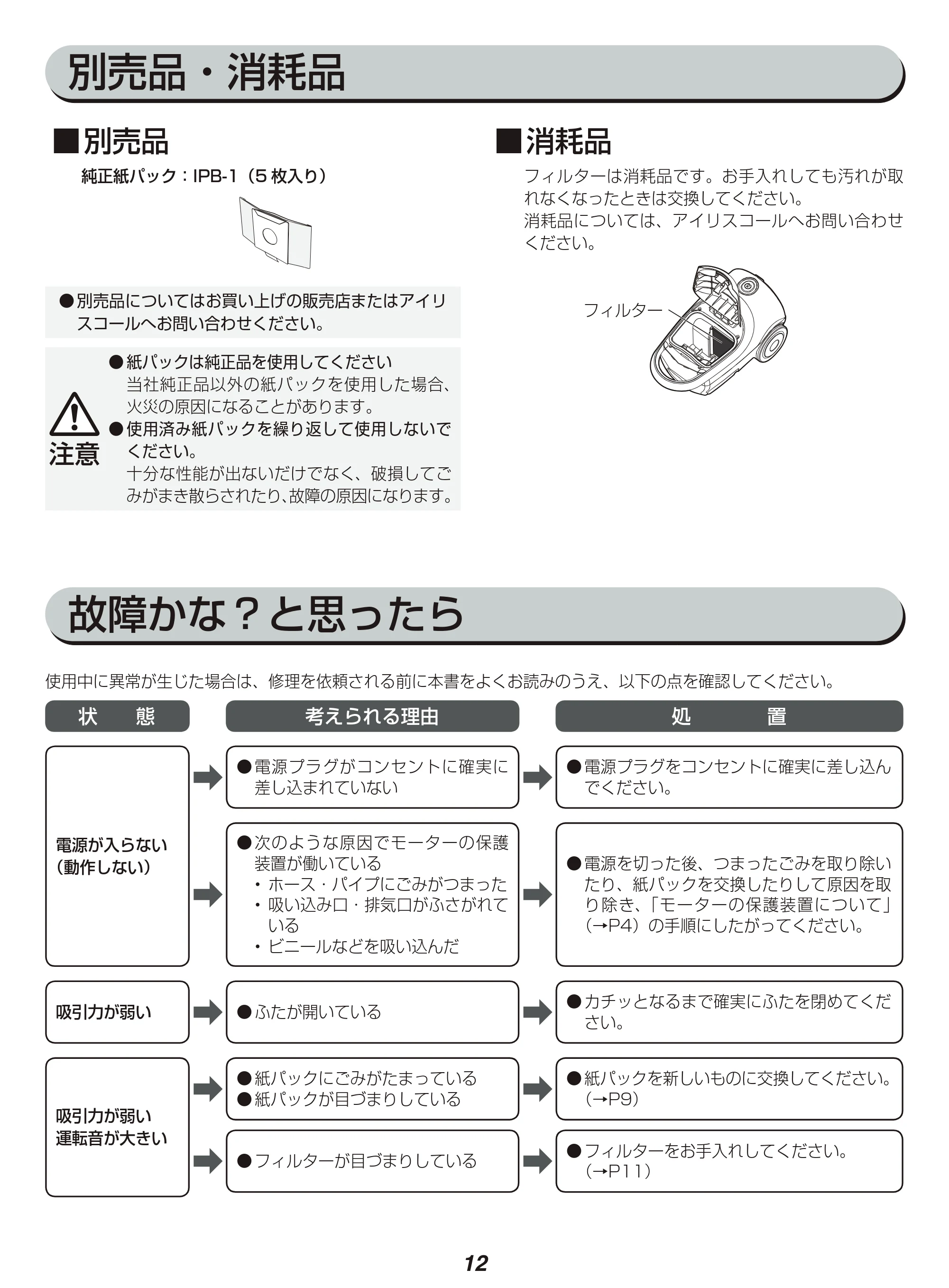 アイリスオーヤマ IC-BTP3 取扱説明書 — 別売品・消耗品 — 原本ページ — 12ページ