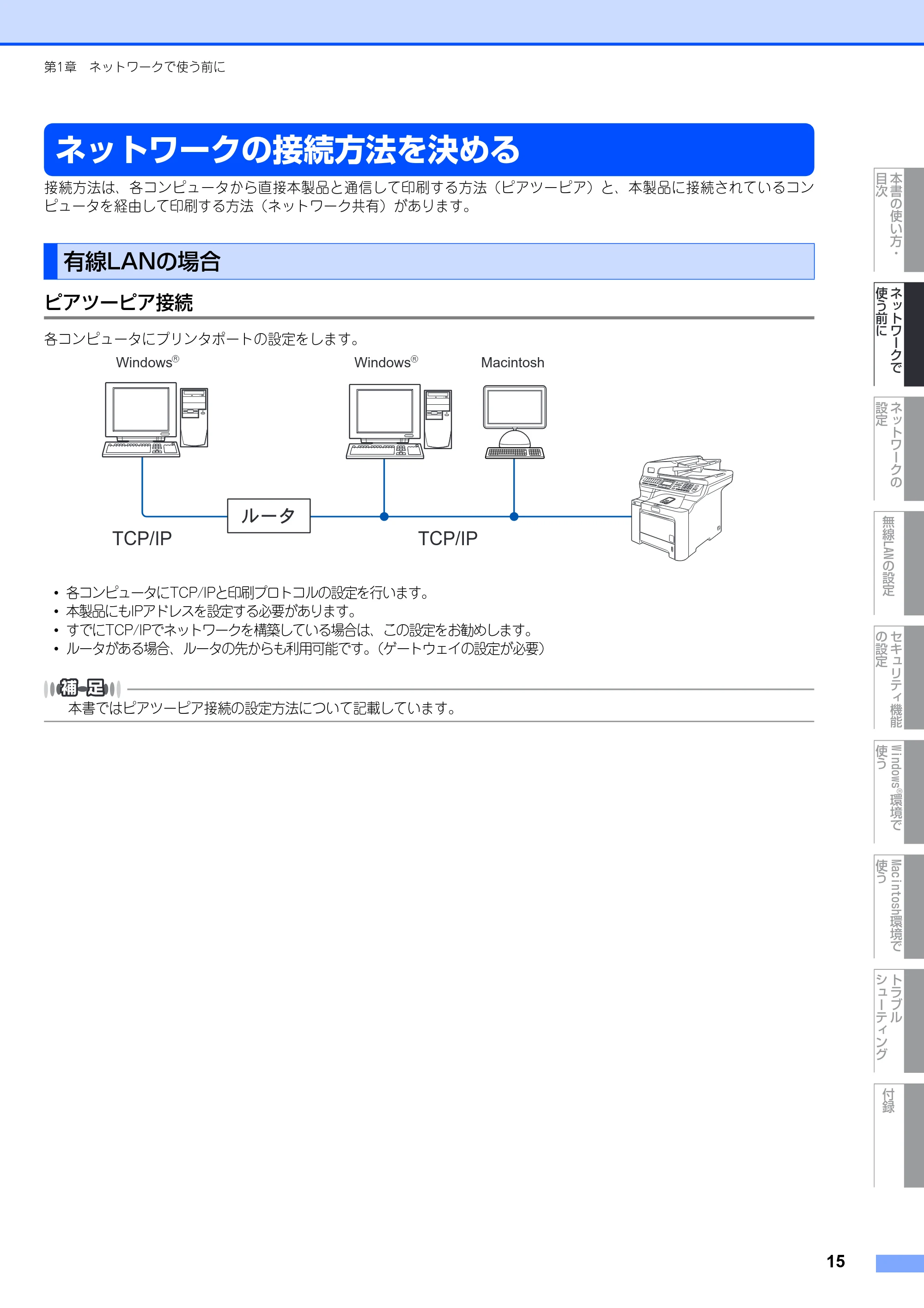 ブラザー MFC-9640CW / MFC-9840CDW ネットワーク取扱説明書 — ネットワークの接続方法を決める — 原本ページ — 16ページ