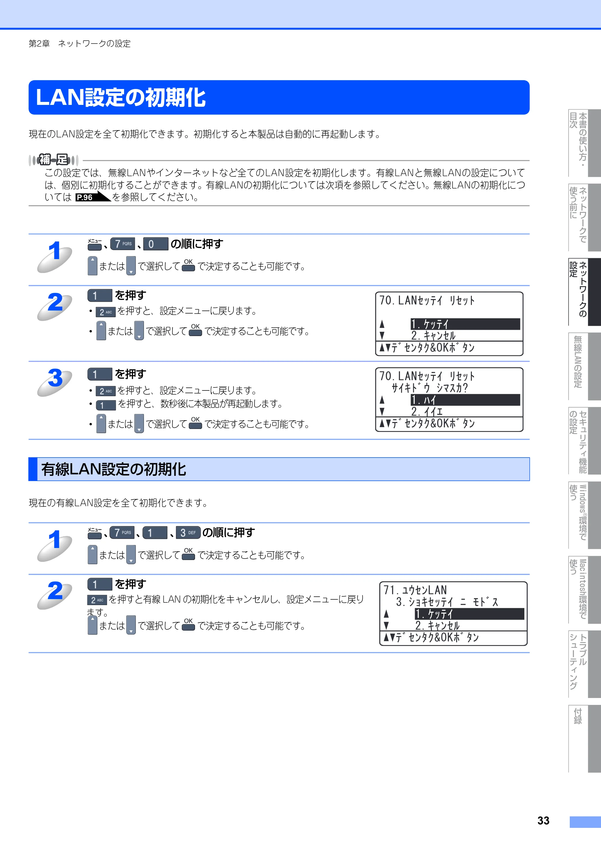 ブラザー MFC-9640CW / MFC-9840CDW ネットワーク取扱説明書 — LAN設定の初期化 — 原本ページ — 34ページ