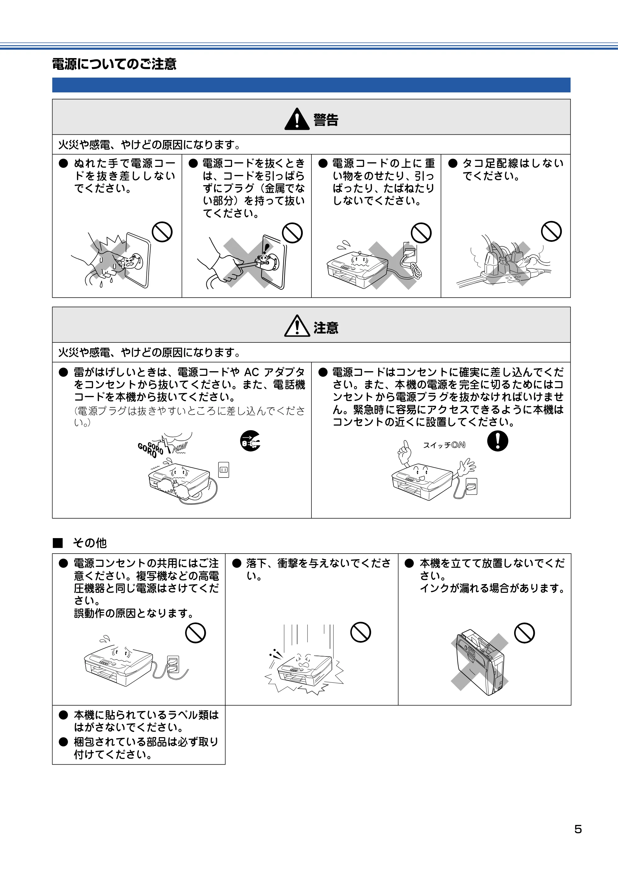 ブラザー MFC-410CN かんたん設置ガイド — 電源についてのご注意 — 原本ページ — 6ページ