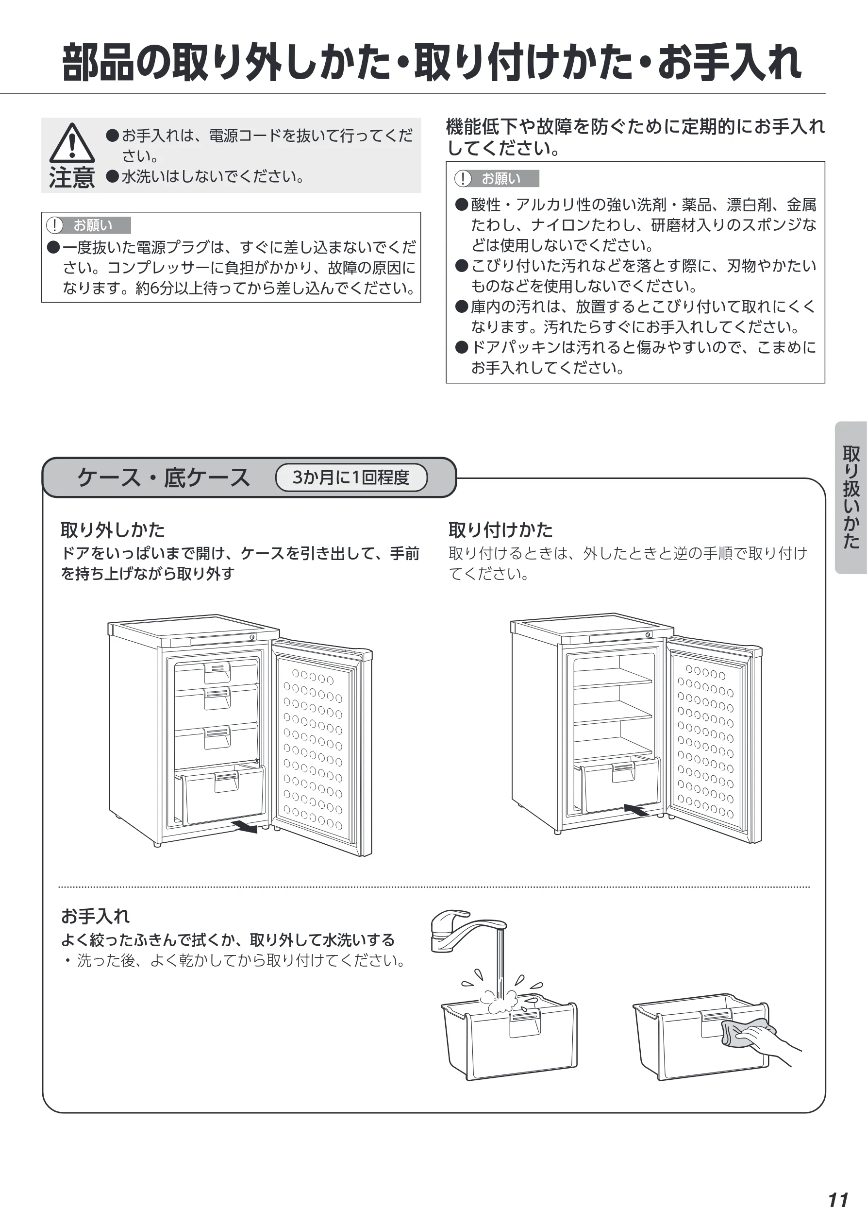 アイリスオーヤマ KUSD-9A 取扱説明書 — 部品の取り外しかた・取り付けかた・お手入れ — 図版 11-1 — 11ページ