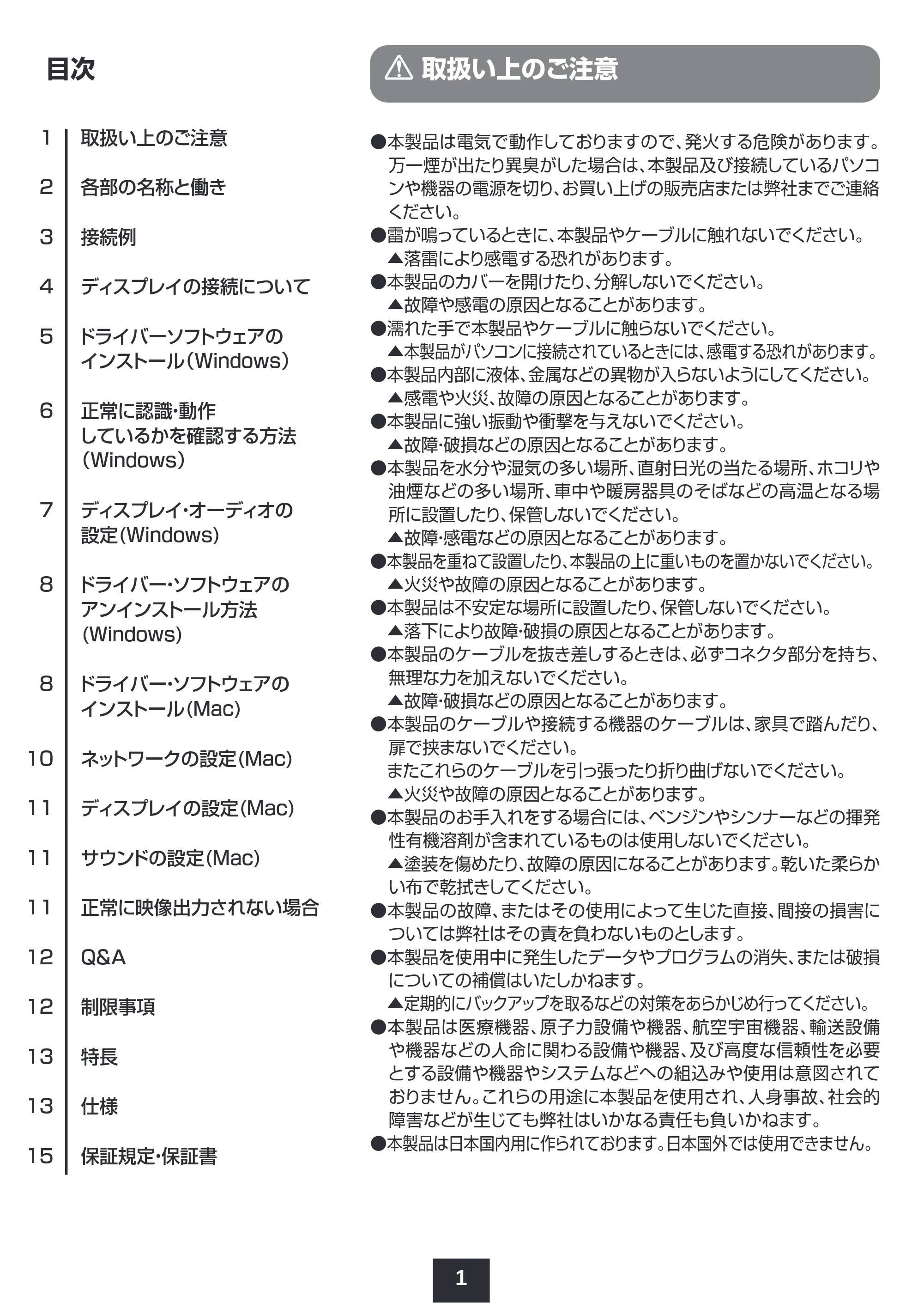 サンワサプライ 401-CVDK6 取扱説明書 — 取扱い上のご注意 目次 — 原本ページ — 2ページ