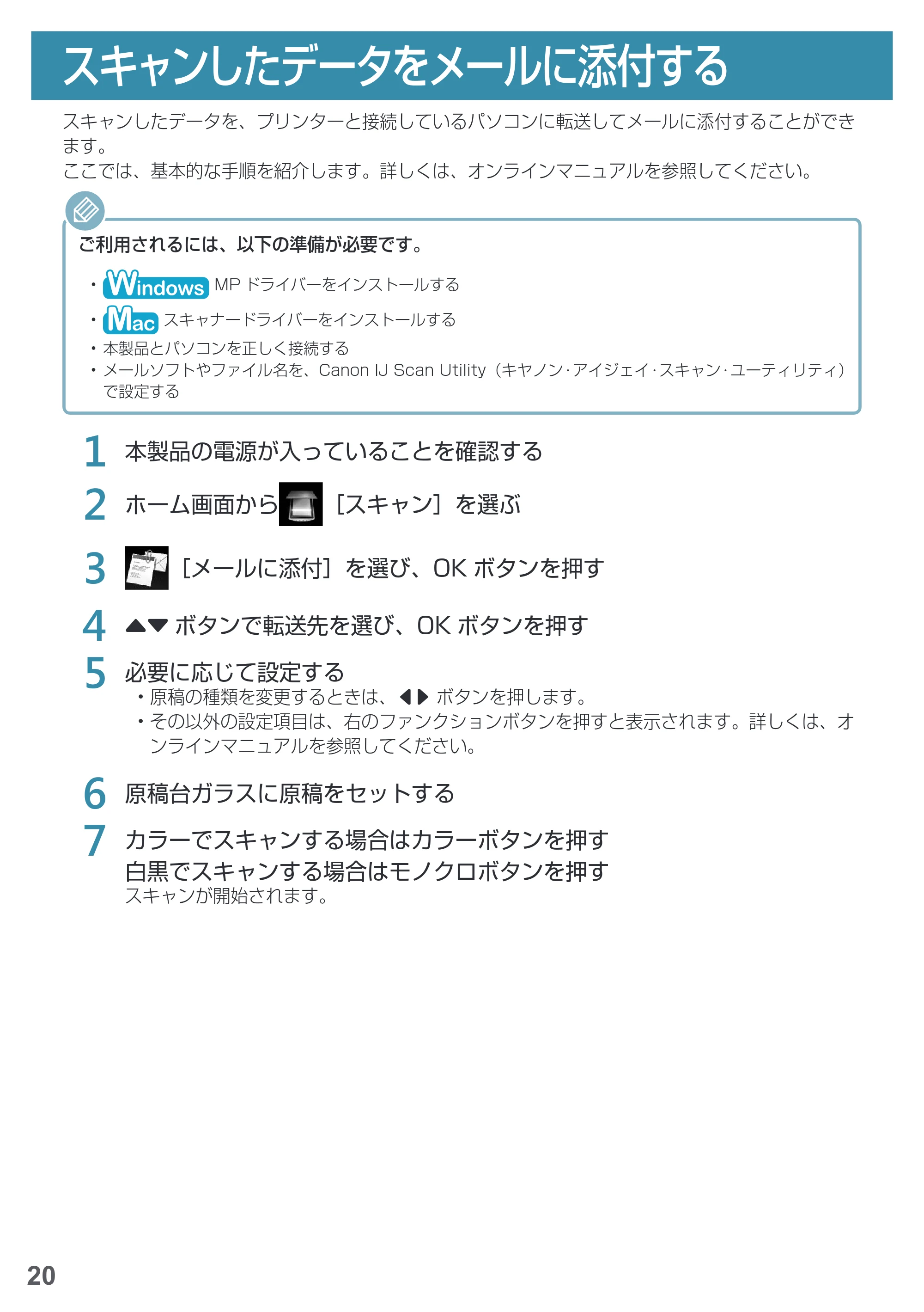 キヤノン PIXUS MG5730 基本操作マニュアル（PDF：3.66MB） — スキャンしたデータをメールに添付する — 原本ページ — 22ページ