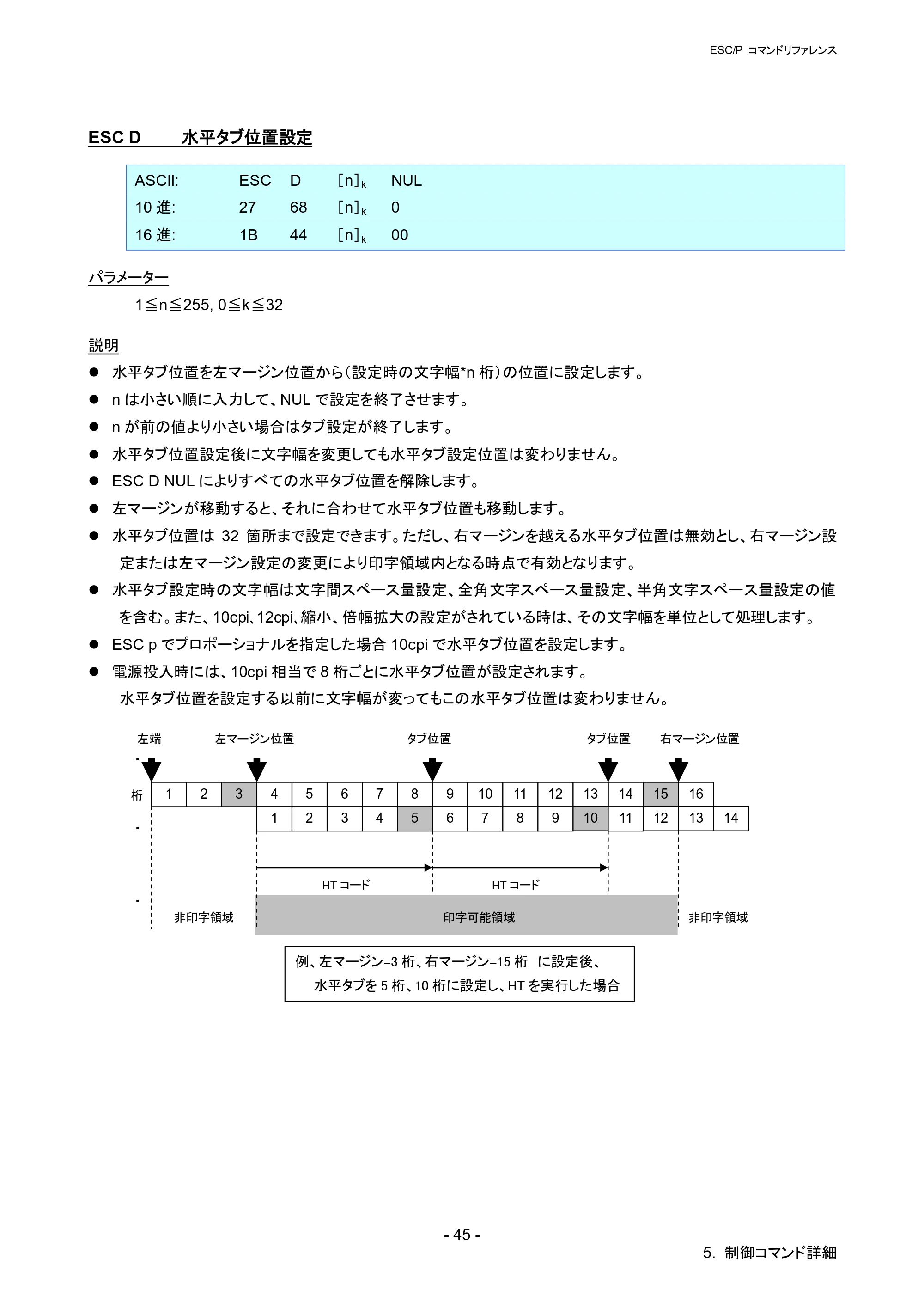 ブラザー RJ-4030 / RJ-4030Ai / RJ-4040 ESC/Pコマンドリファレンス — ESC D 水平タブ位置設定 — 原本ページ — 51ページ