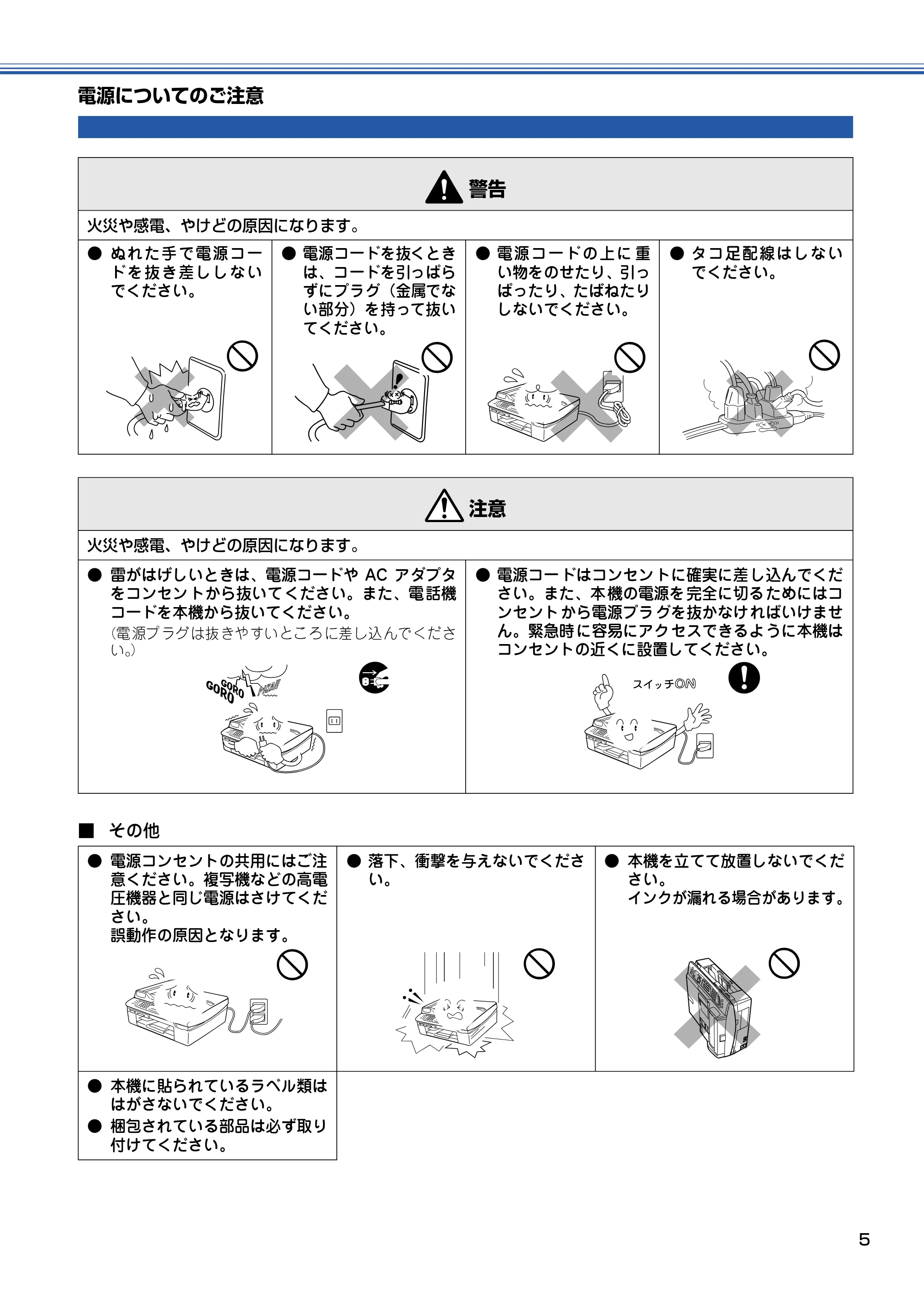 ブラザー MFC-425CN かんたん設置ガイド — 電源についてのご注意 — 原本ページ — 6ページ
