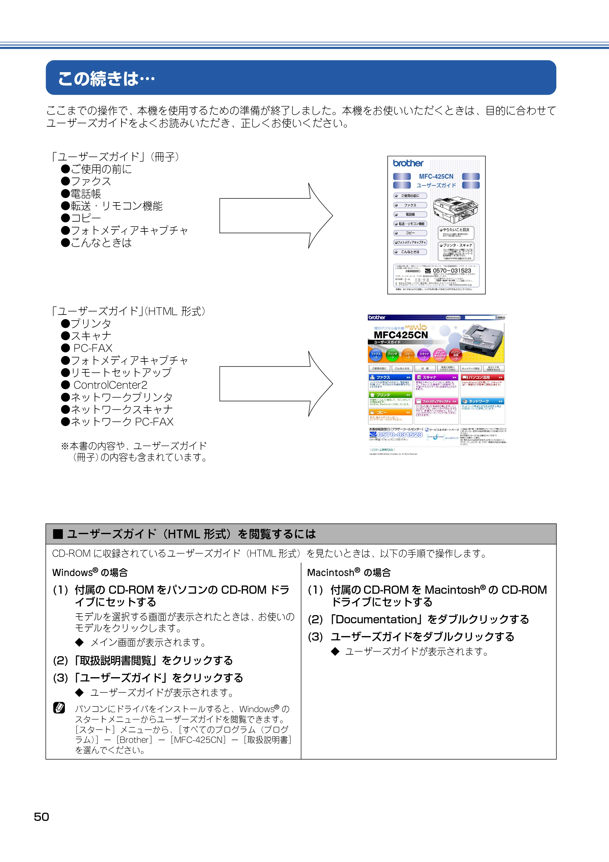 ブラザー MFC-425CN かんたん設置ガイド — この続きは… — 原本ページ — 51ページ