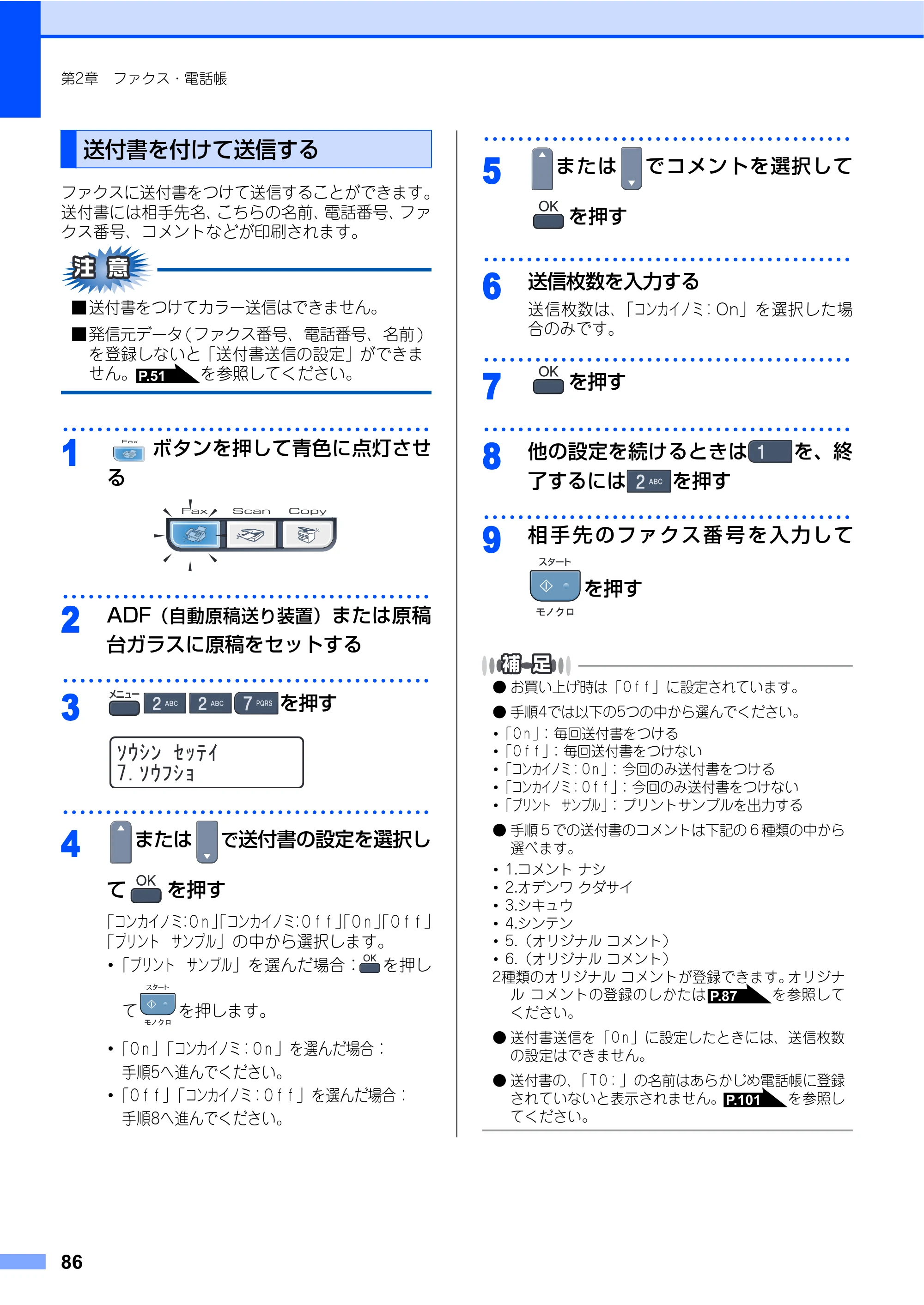 ブラザー MFC-9440CN 取扱説明書（本体） — 送付書を付けて送信する — 原本ページ — 86ページ