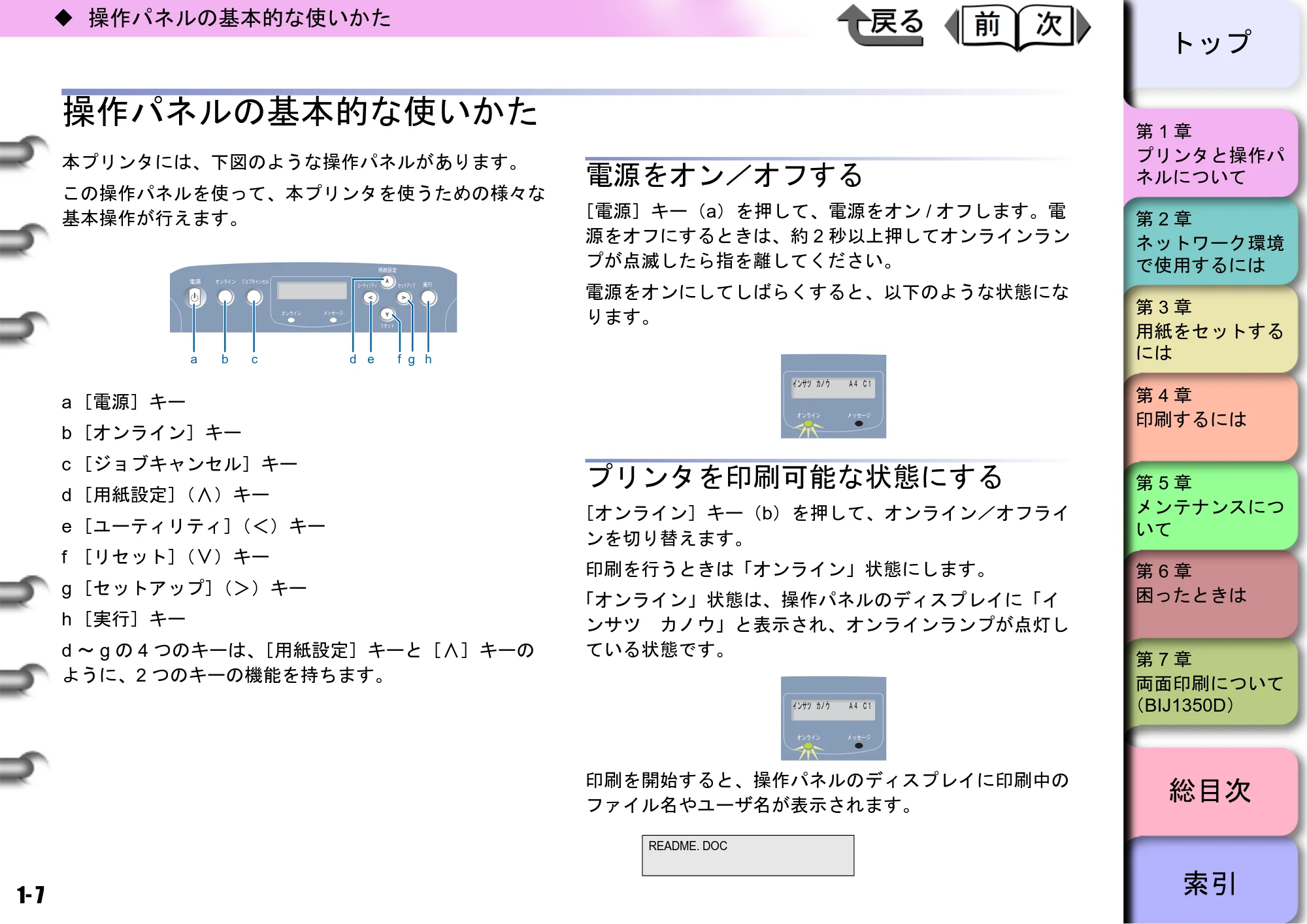 キヤノン BIJ2350/BIJ1350/BIJ1350D ユーザーズガイド（GARO編） （PDF形式／15.75Mバイト） — 操作パネルの基本的な使いかた — 原本ページ — 10ページ