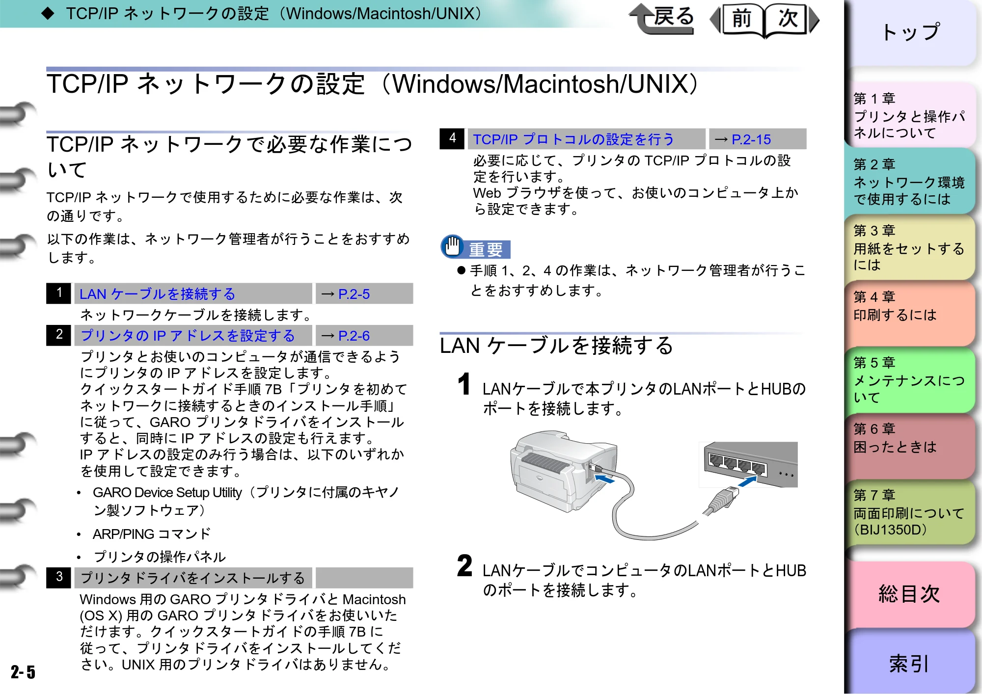 キヤノン BIJ2350/BIJ1350/BIJ1350D ユーザーズガイド（GARO編） （PDF形式／15.75Mバイト） — TCP/IPネットワークの設定（Windows/Macintosh/UNIX） — 原本ページ — 22ページ