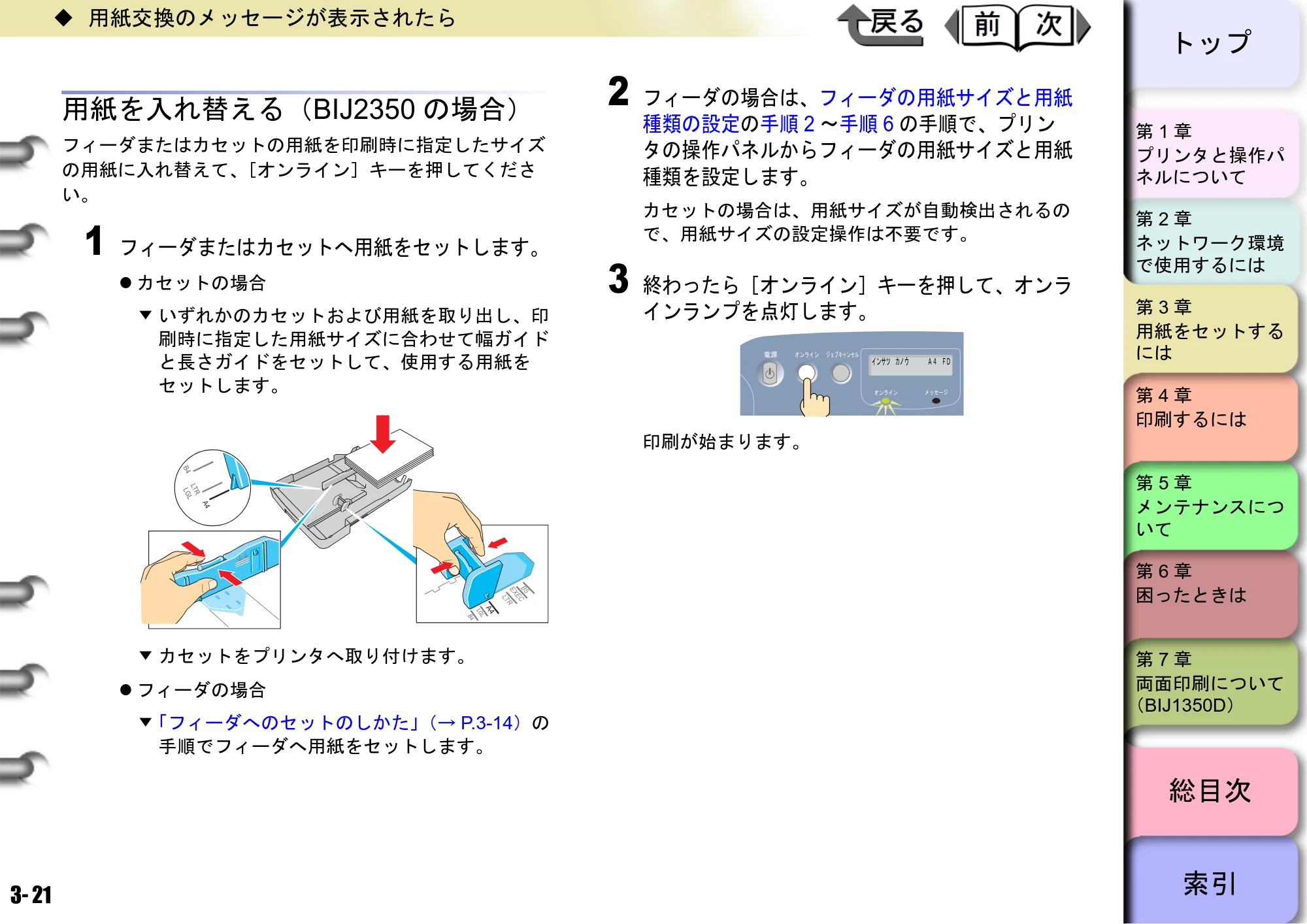 キヤノン BIJ2350/BIJ1350/BIJ1350D ユーザーズガイド（GARO編） （PDF形式／15.75Mバイト） — 用紙を入れ替える（BIJ2350の場合） — 原本ページ — 87ページ