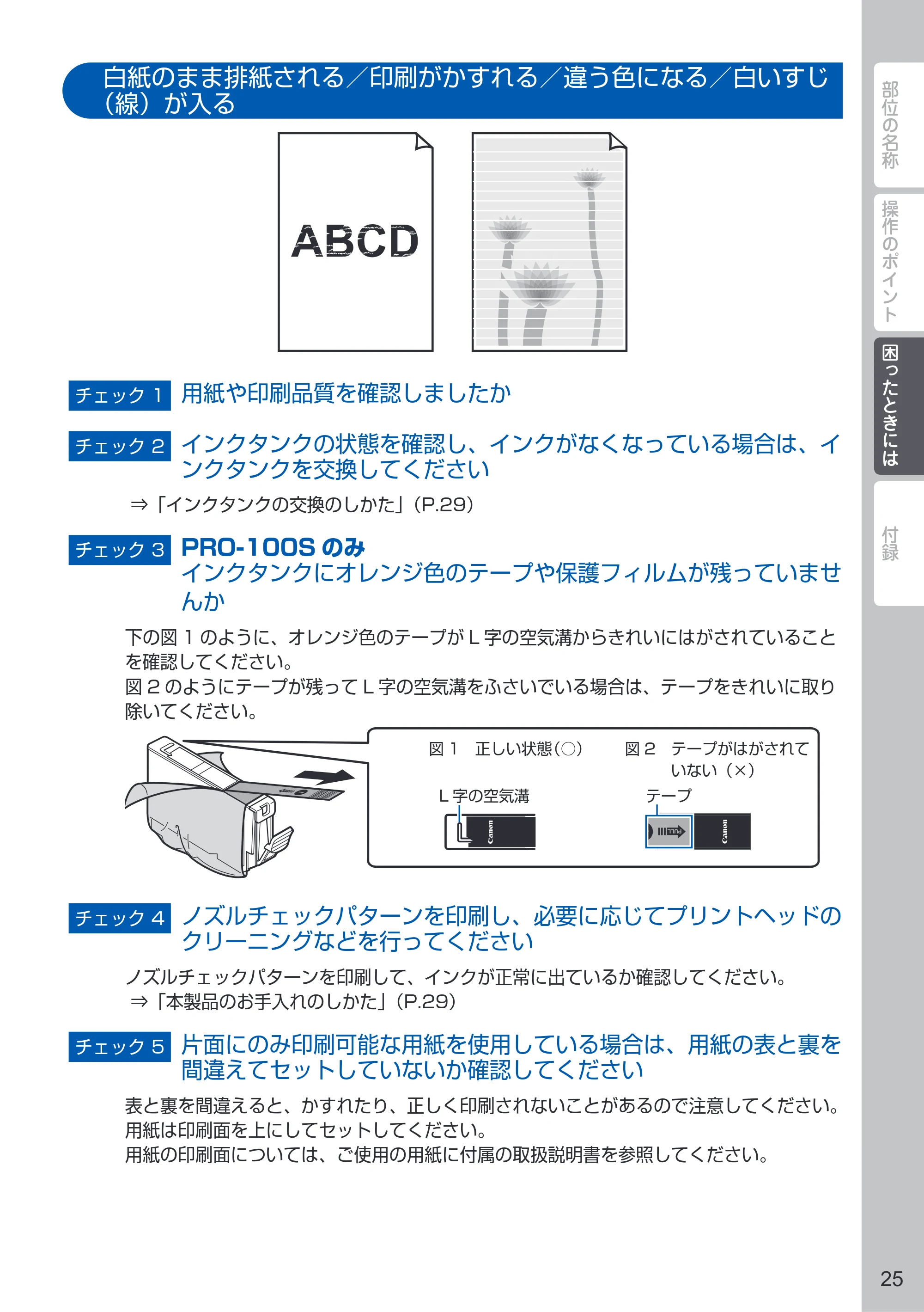 キヤノン PIXUS PRO-10S / PIXUS PRO-100S PIXUS早わかり（PDF：3.41MB） — 白紙のまま排紙される／印刷がかすれる／違う色になる／白いすじ（線）が入る — 原本ページ — 27ページ