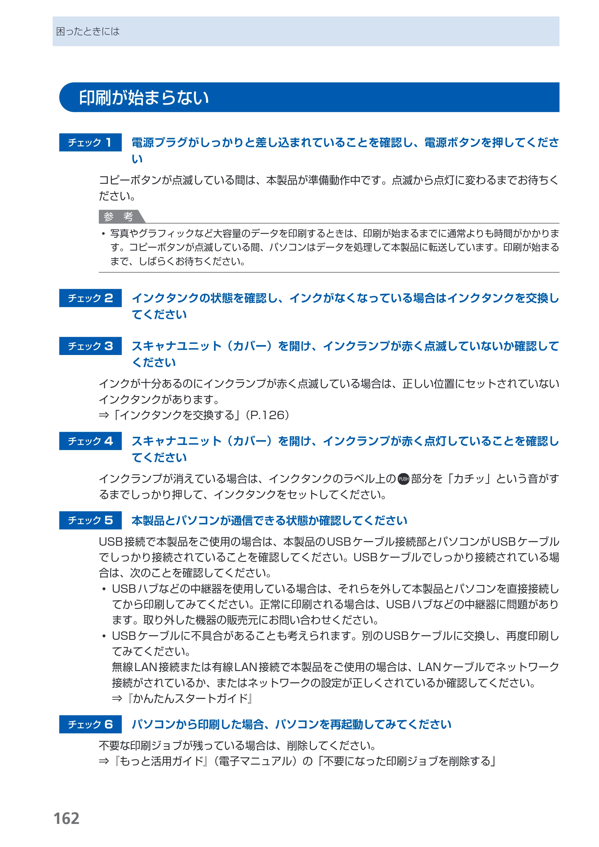 キヤノン PIXUS MX860 らくらく操作ガイド （PDF形式／23.79Mバイト） — 印刷が始まらない — 原本ページ — 164ページ