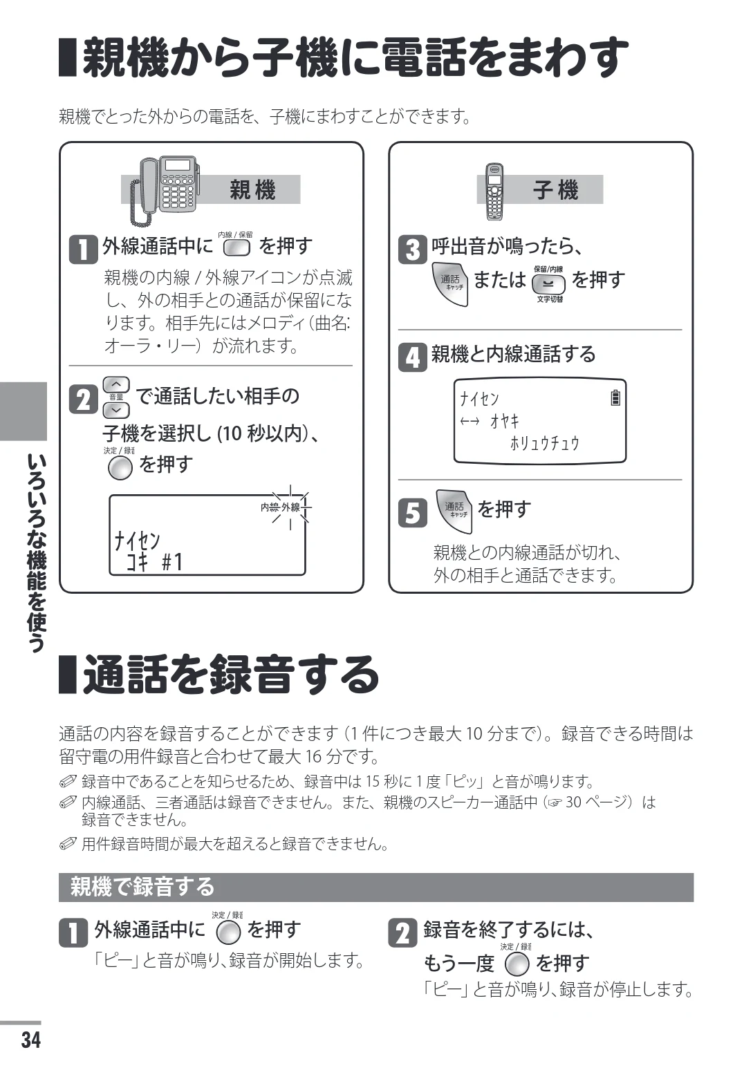 日立 HTE-311 取扱説明書 — 親機から子機に電話をまわす — 図版 34-1 — 34ページ