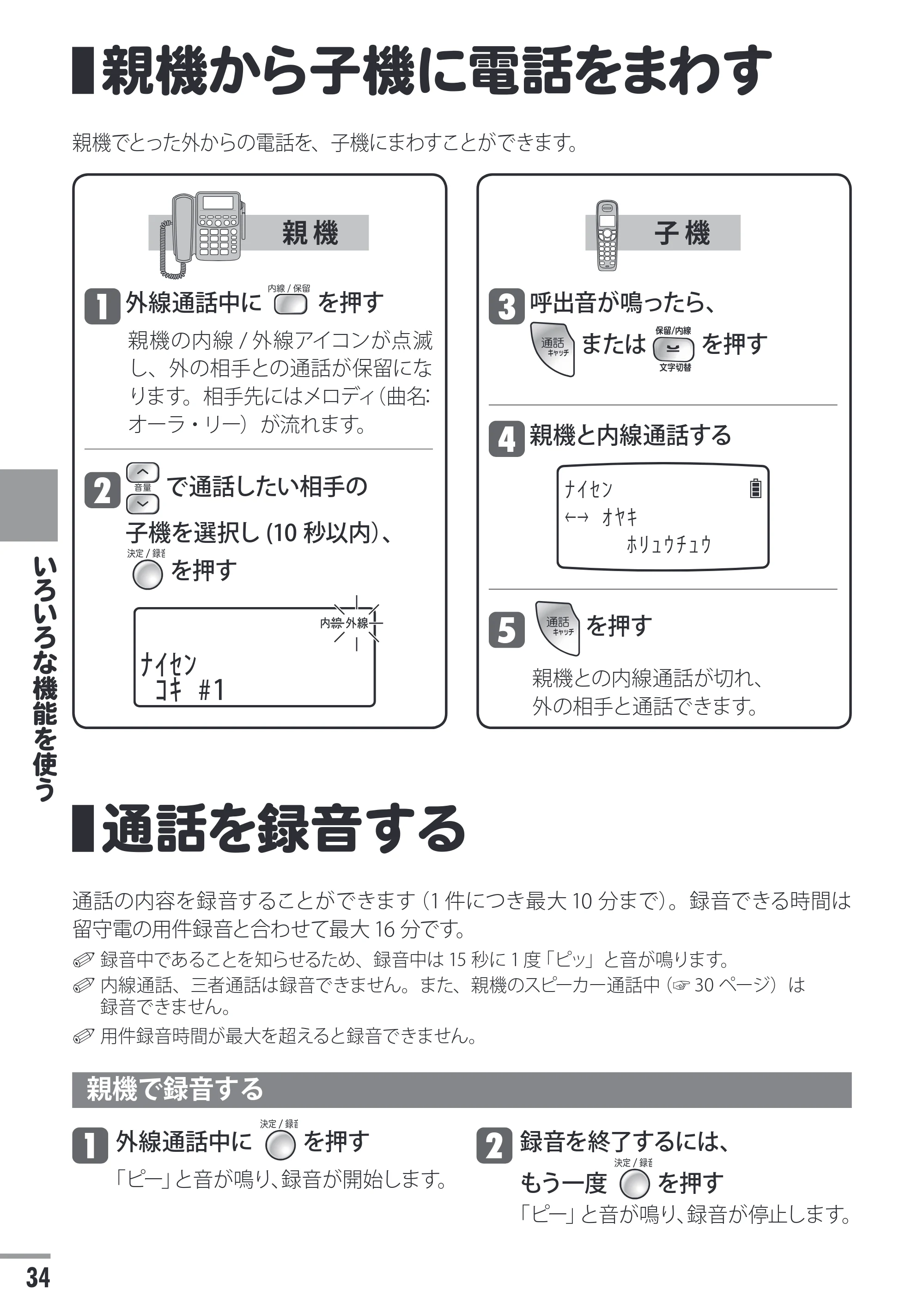 日立 HTE-311 取扱説明書 — 親機から子機に電話をまわす — 原本ページ — 34ページ
