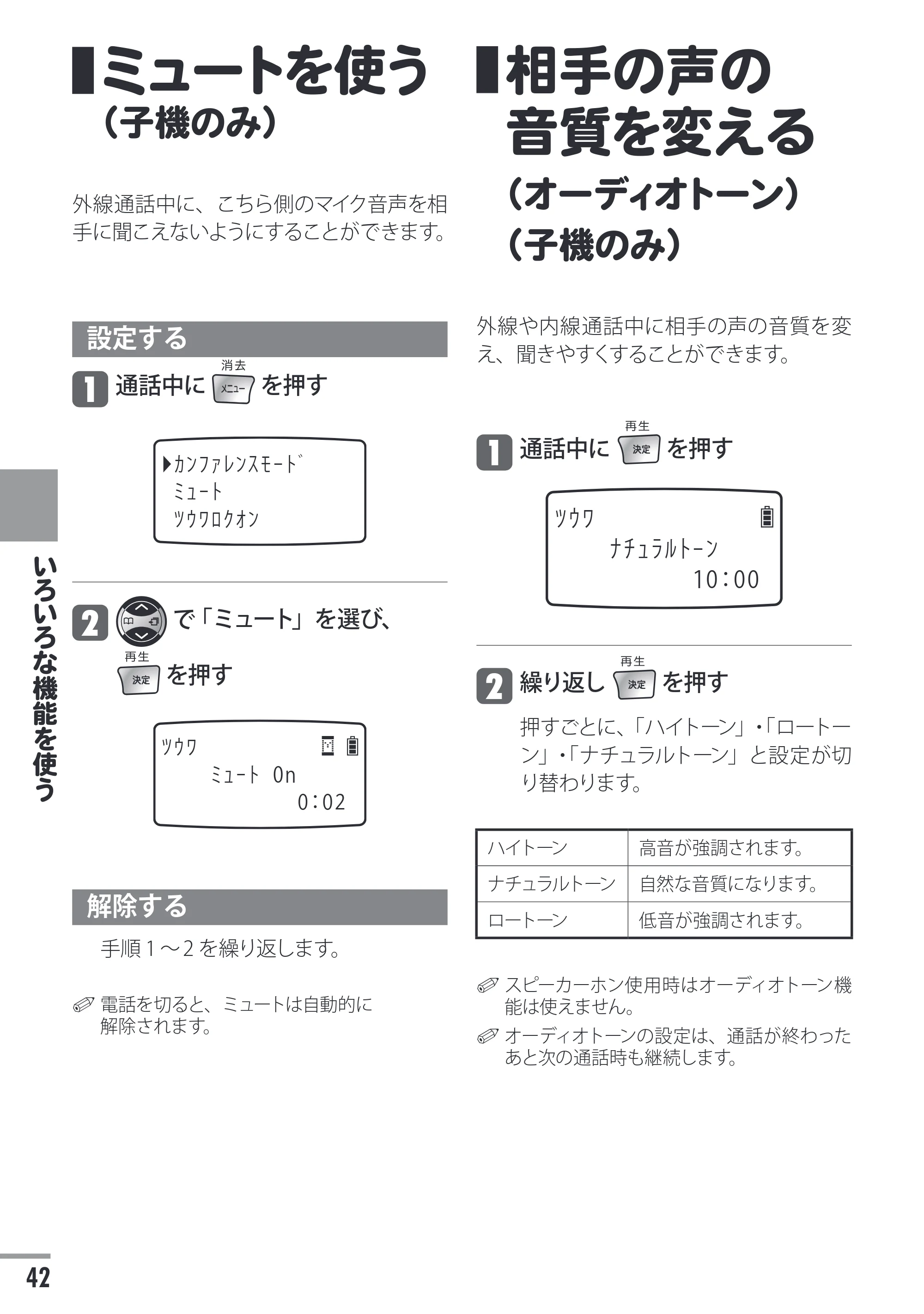 日立 HTE-311 取扱説明書 — ミュートを使う(子機のみ) — 原本ページ — 42ページ