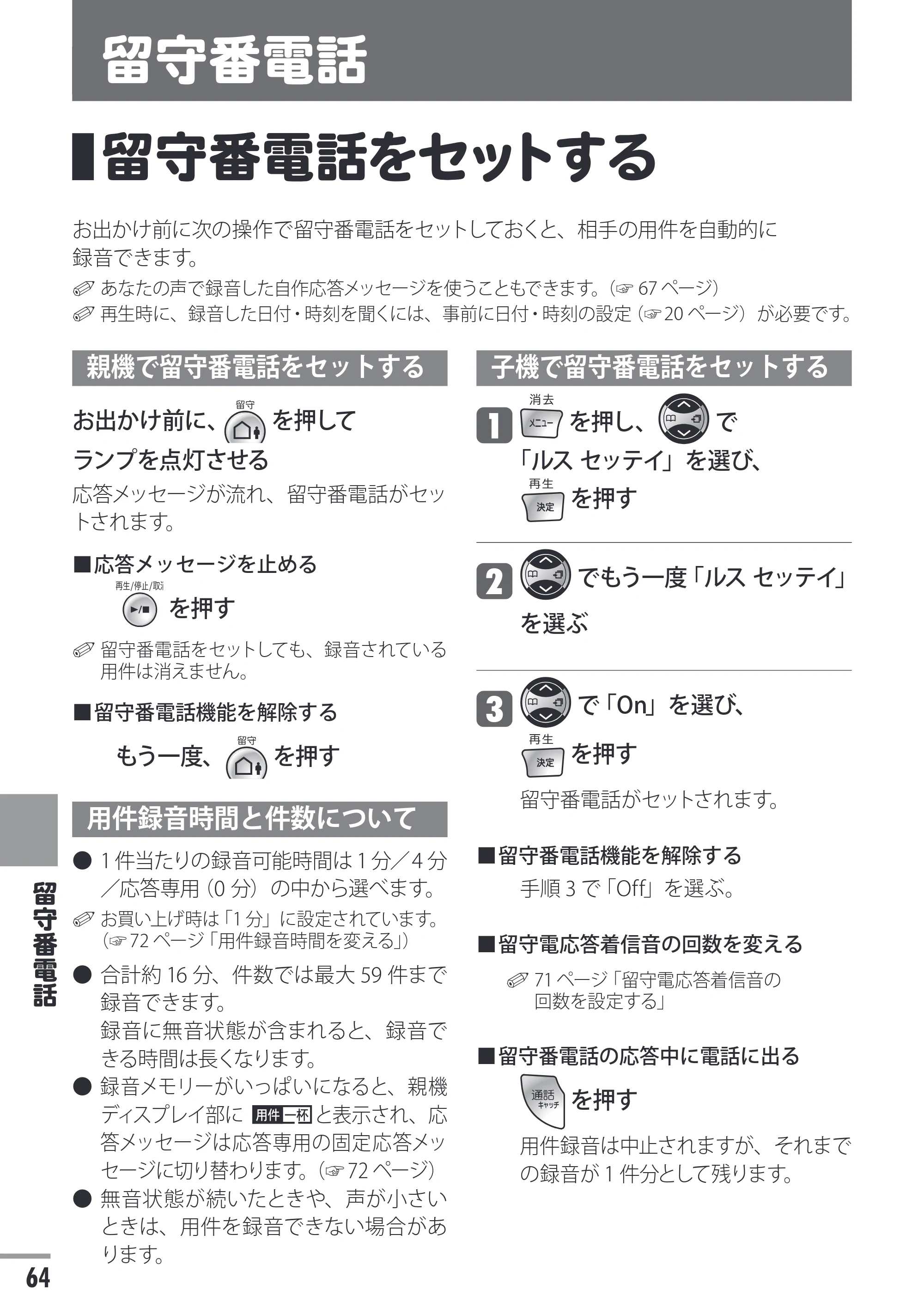 日立 HTE-311 取扱説明書 — 留守番電話 — 原本ページ — 64ページ
