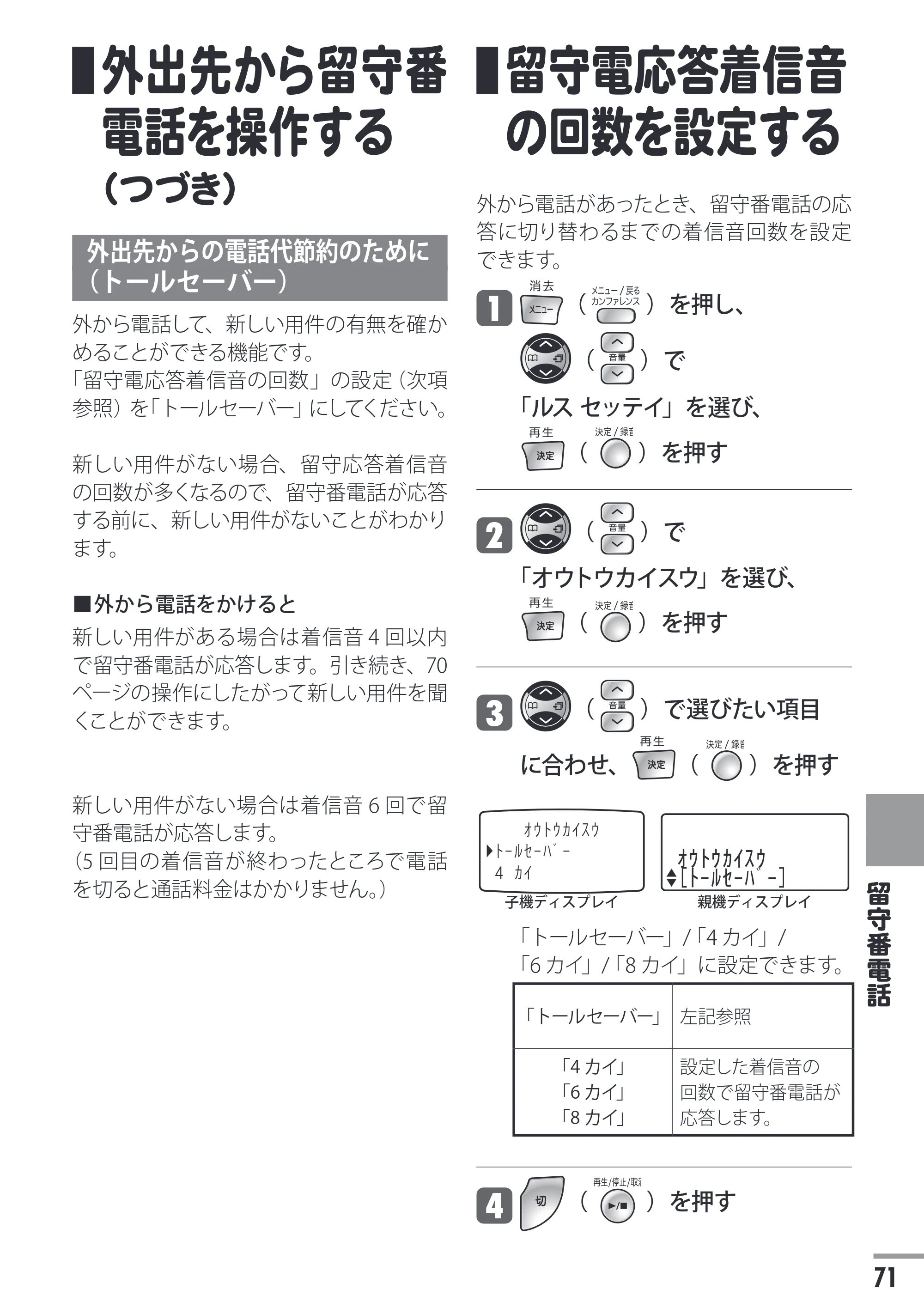 日立 HTE-311 取扱説明書 — 留守電応答着信音の回数を設定する — 原本ページ — 71ページ