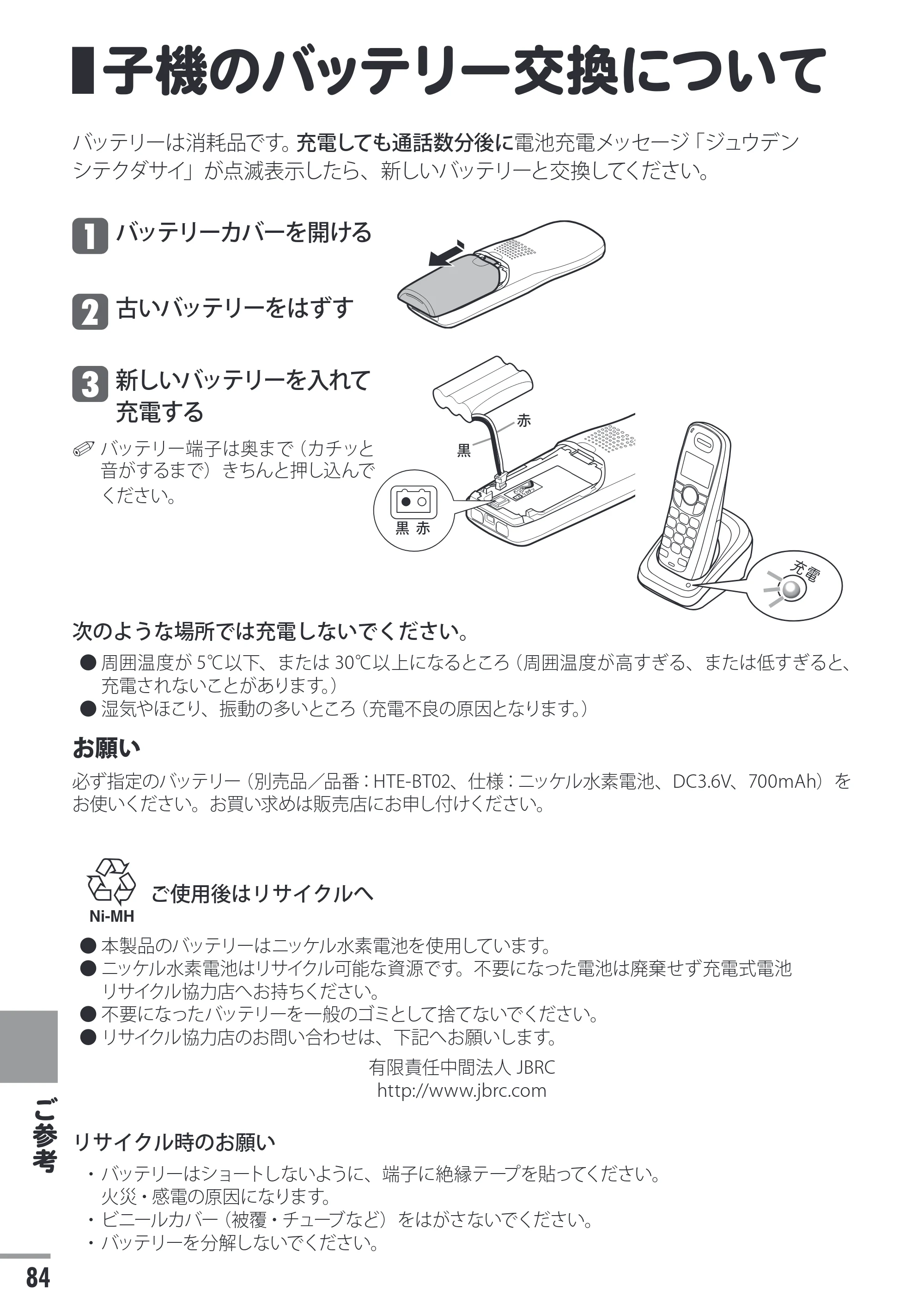 日立 HTE-311 取扱説明書 — 子機のバッテリー交換について — 原本ページ — 84ページ