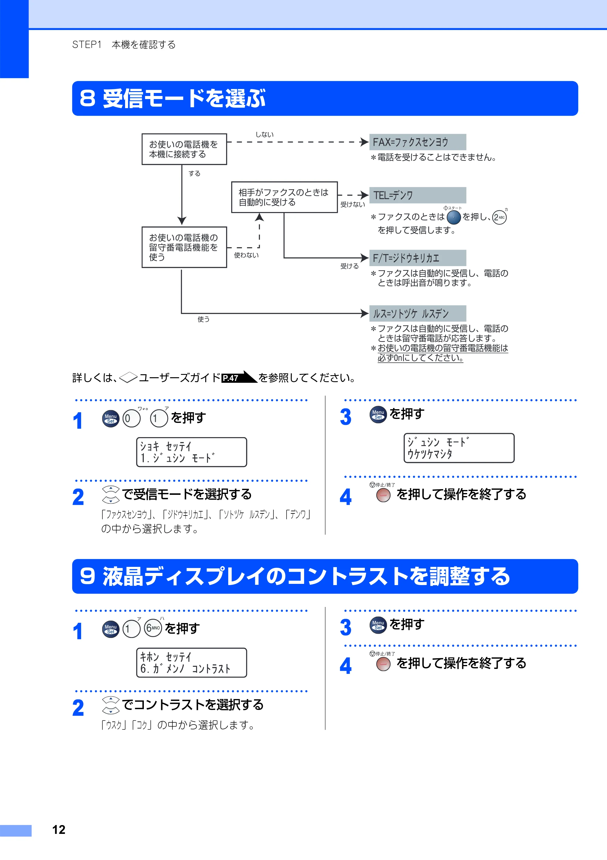 ブラザー MFC-7420 / MFC-7820N かんたん設置ガイド — 8 受信モードを選ぶ — 原本ページ — 13ページ