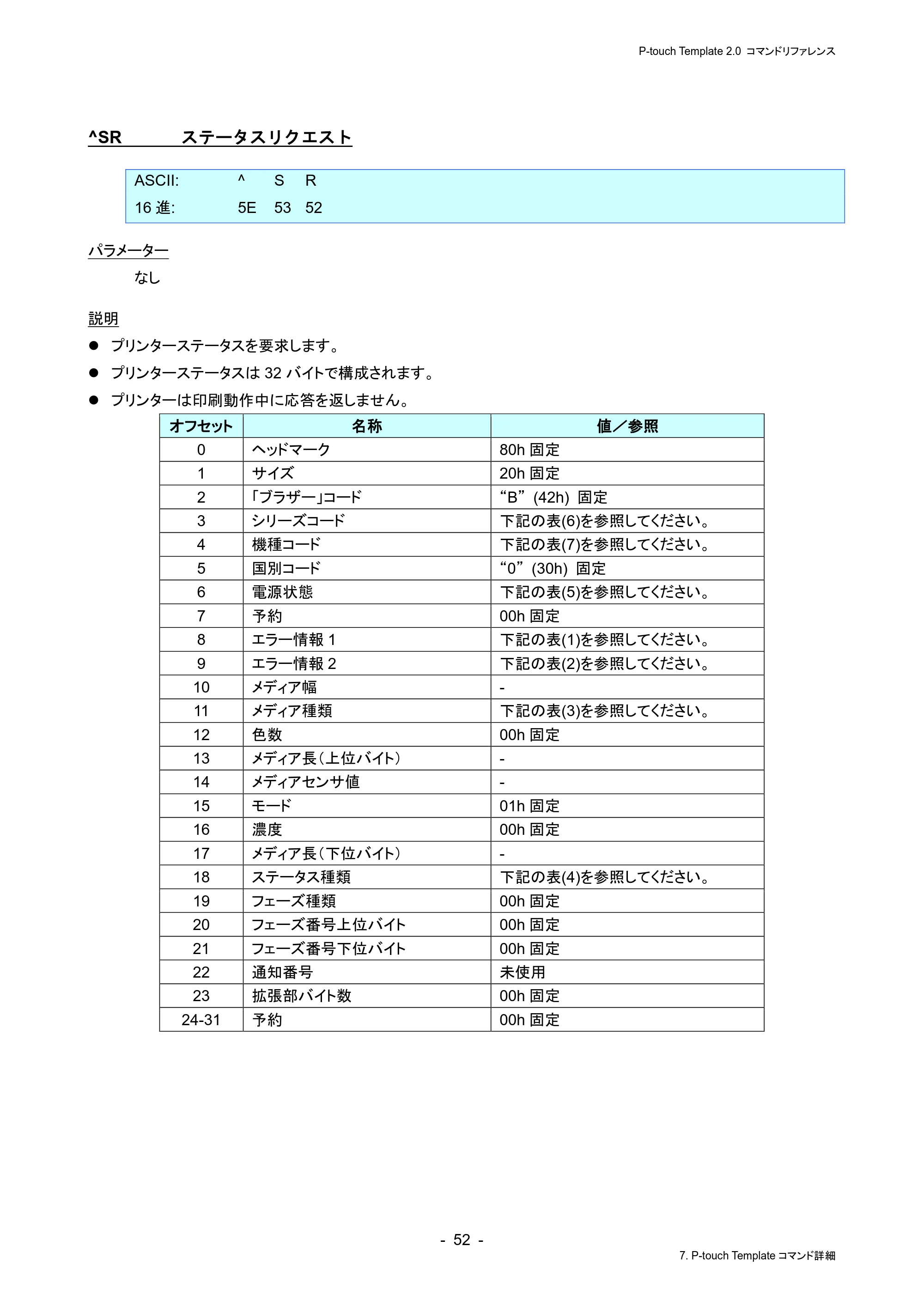 ブラザー RJ-4230B / RJ-4250WB / TD-2130N/ 2130NSA P-touch テンプレートマニュアル / コマンドリファレンス — ^SR ステータスリクエスト — 原本ページ — 56ページ