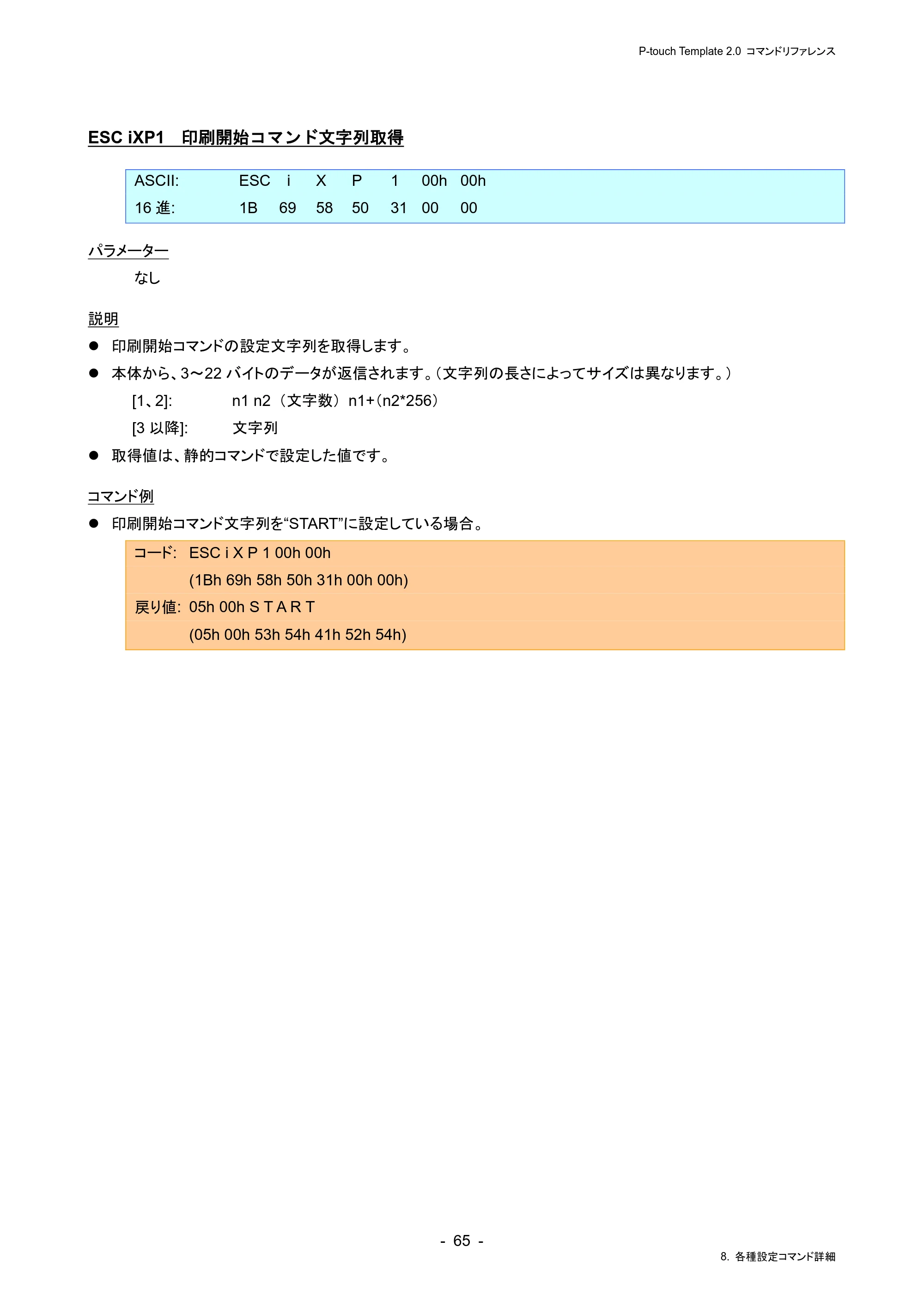 ブラザー RJ-4230B / RJ-4250WB / TD-2130N/ 2130NSA P-touch テンプレートマニュアル / コマンドリファレンス — ESC iXP1 印刷開始コマンド文字列取得 — 原本ページ — 69ページ