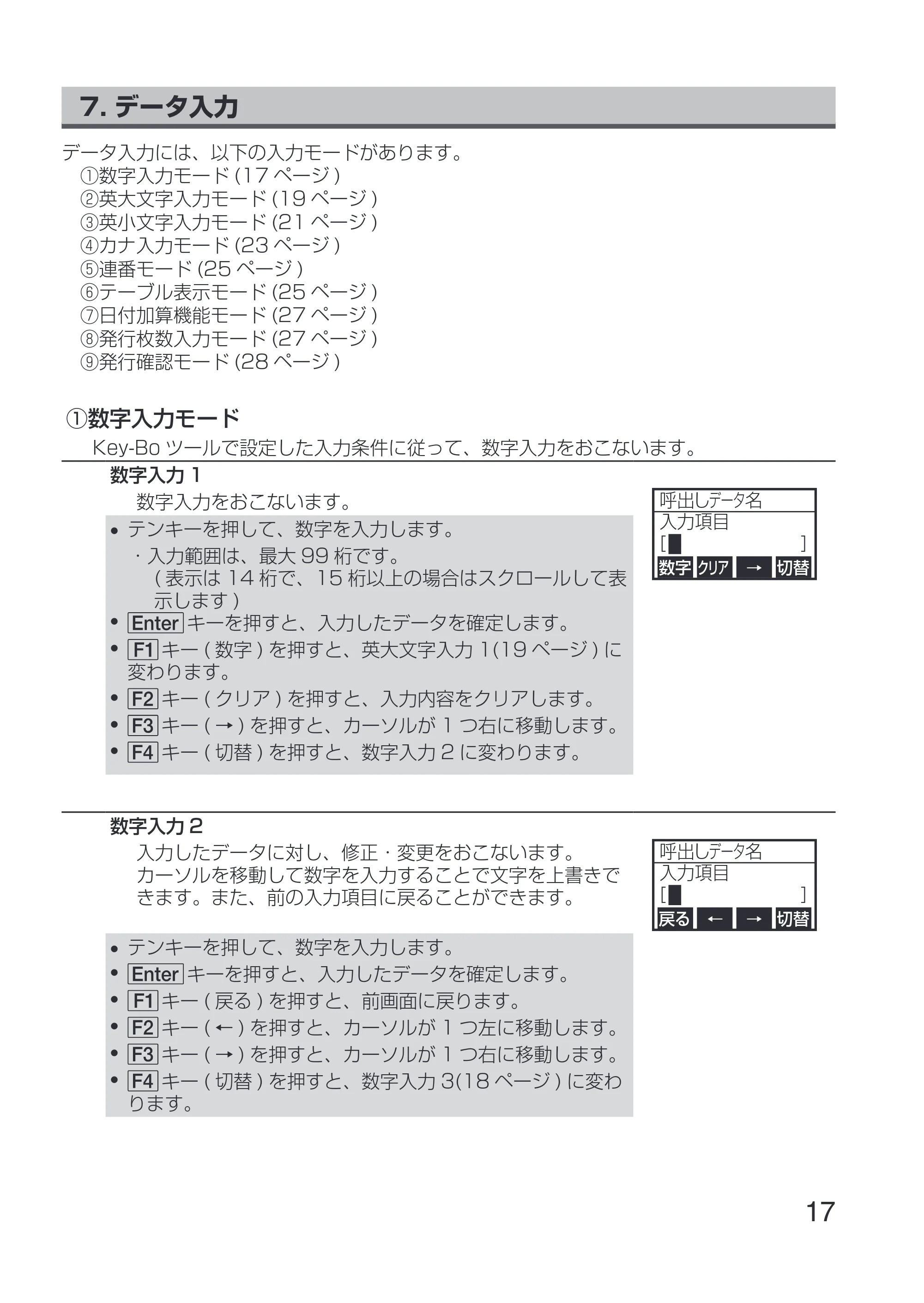 サトー Key-Bo+ / Key-Bo Key-Bo+ 取扱説明書（第3版） — 7. データ入力 — 原本ページ — 19ページ