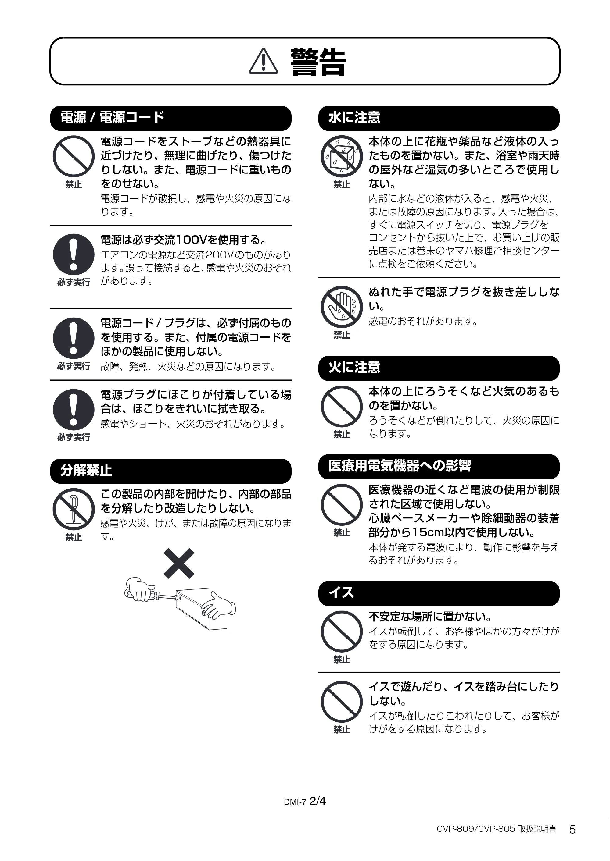 ヤマハ CVP-809 / CVP-805 CVP-809/CVP-805 取扱説明書 — 電源/ 電源コード — 原本ページ — 5ページ