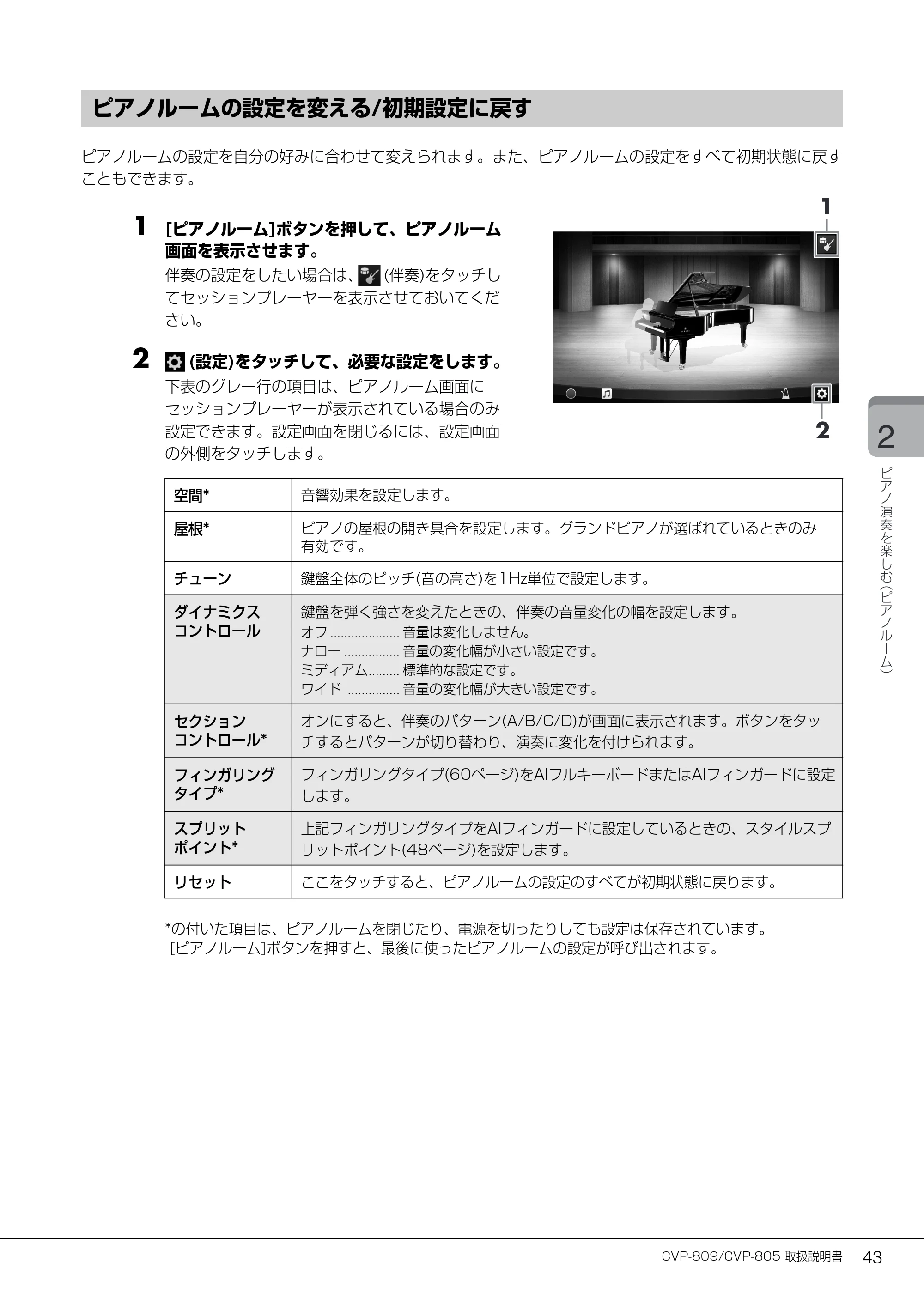 ヤマハ CVP-809 / CVP-805 CVP-809/CVP-805 取扱説明書 — ピアノルームの設定を変える/初期設定に戻す — 原本ページ — 43ページ