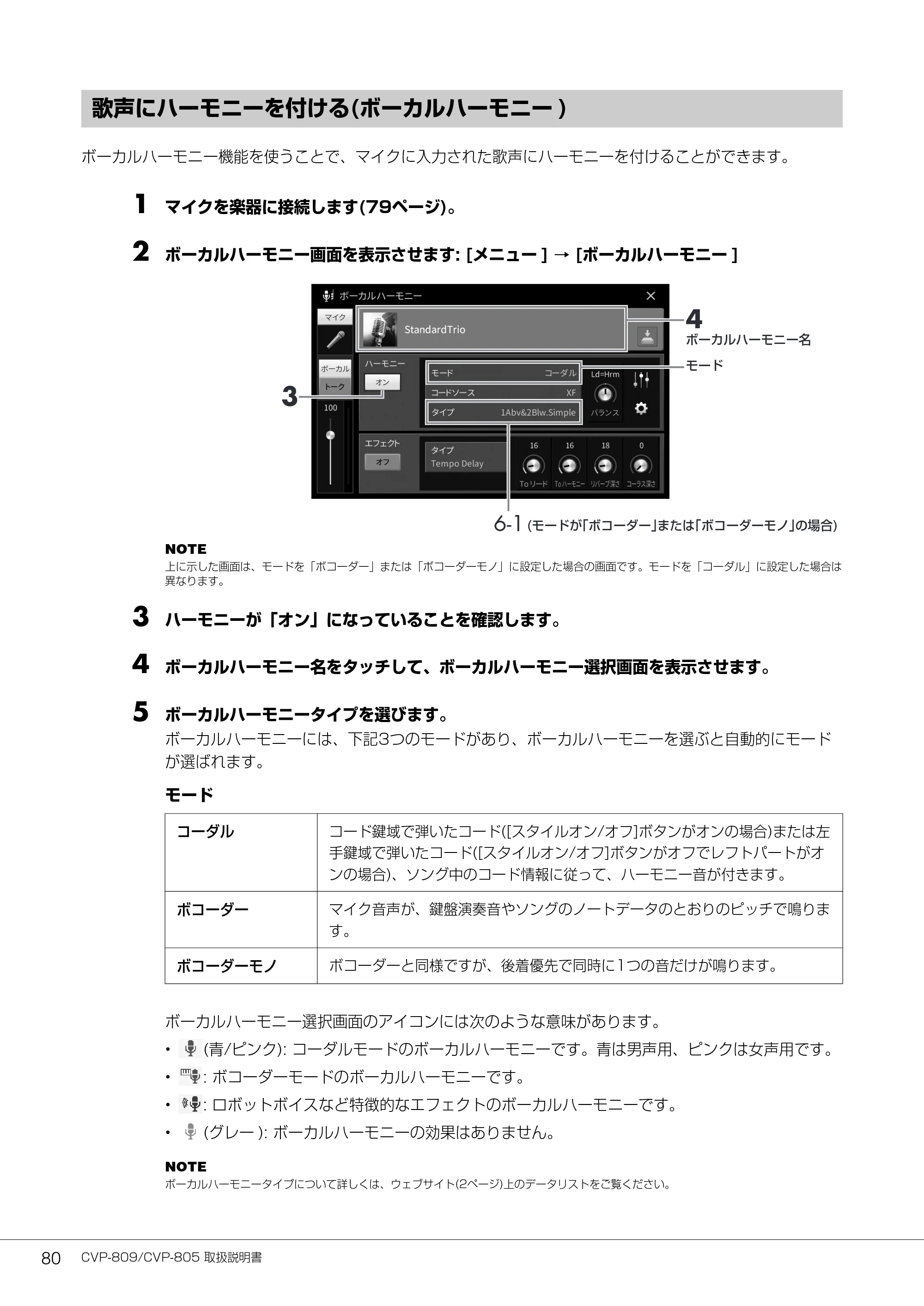 ヤマハ CVP-809 / CVP-805 CVP-809/CVP-805 取扱説明書 — 歌声にハーモニーを付ける(ボーカルハーモニー) — 原本ページ — 80ページ