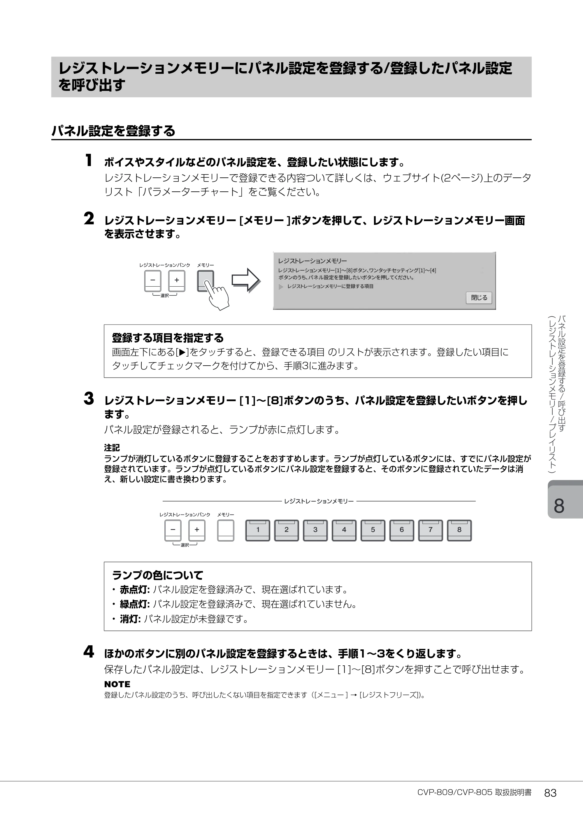 ヤマハ CVP-809 / CVP-805 CVP-809/CVP-805 取扱説明書 — レジストレーションメモリーにパネル設定を登録する/登録したパネル設定 を呼び出す — 原本ページ — 83ページ