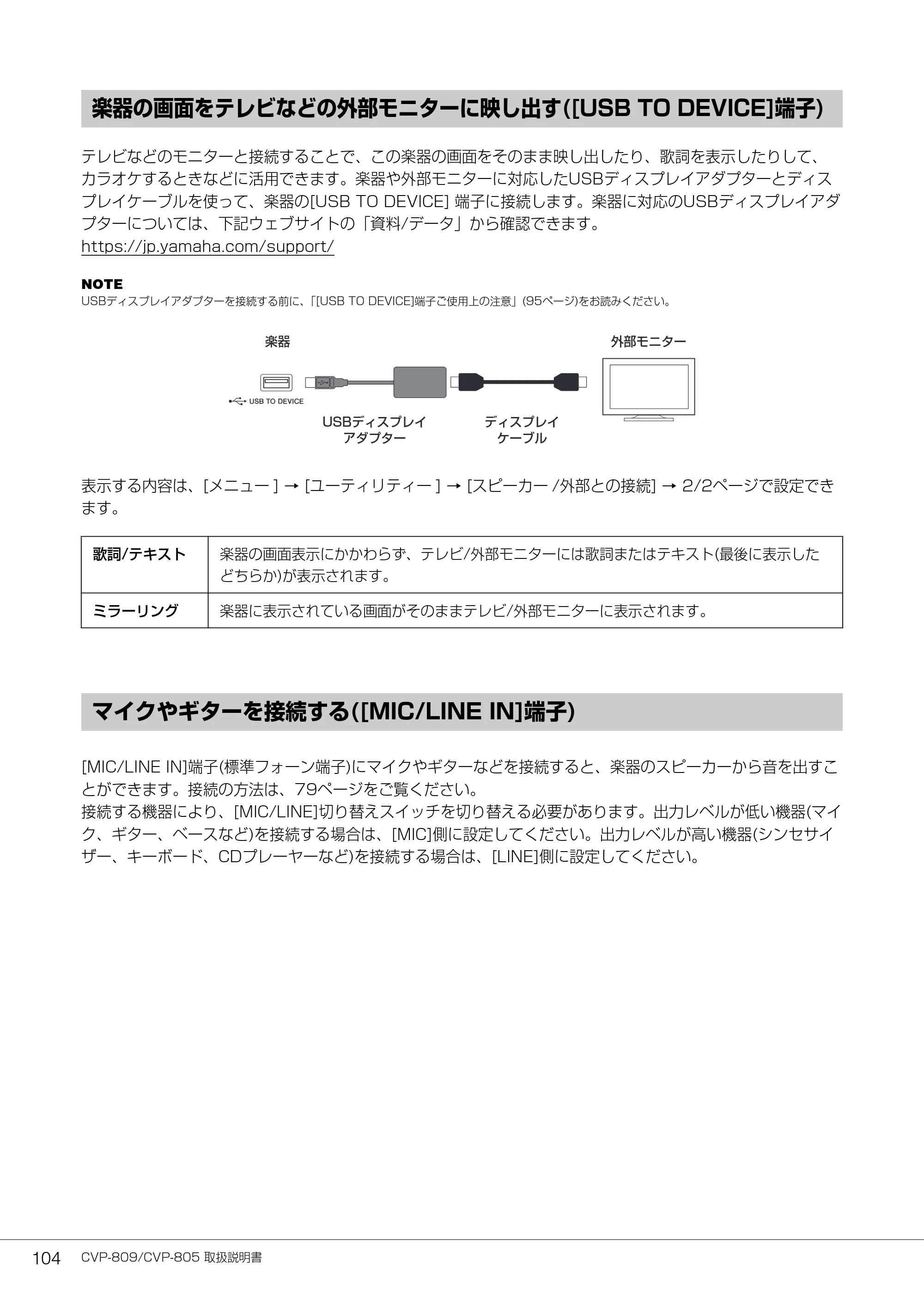 ヤマハ CVP-809 / CVP-805 CVP-809/CVP-805 取扱説明書 — 楽器の画面をテレビなどの外部モニターに映し出す([USB TO DEVICE]端子) — 原本ページ — 104ページ